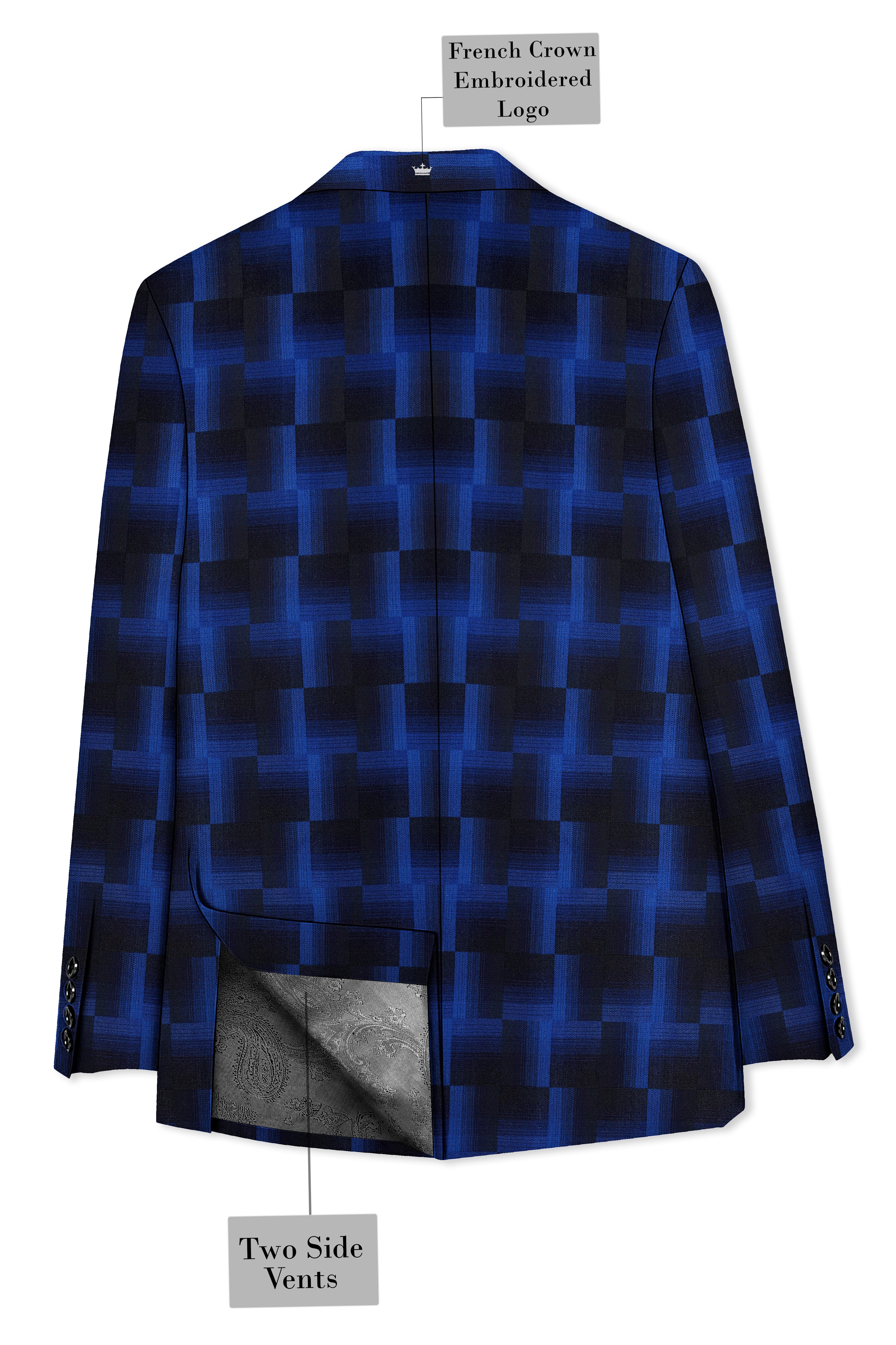 Marine Blue and Black Geometric Pattern Wool Rich Blazer