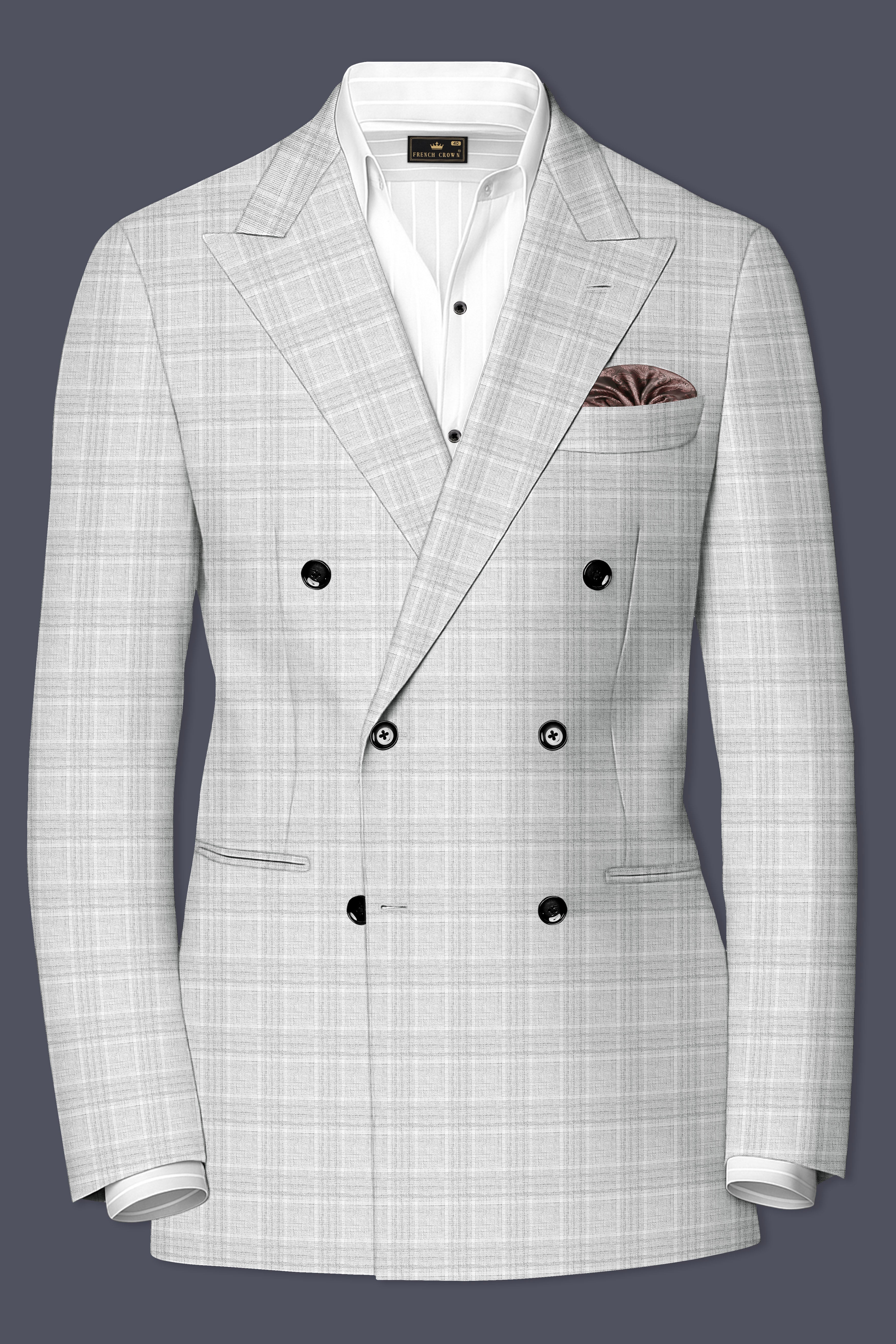 Cloud Gray Plaid Wool Rich Double Breasted Blazer