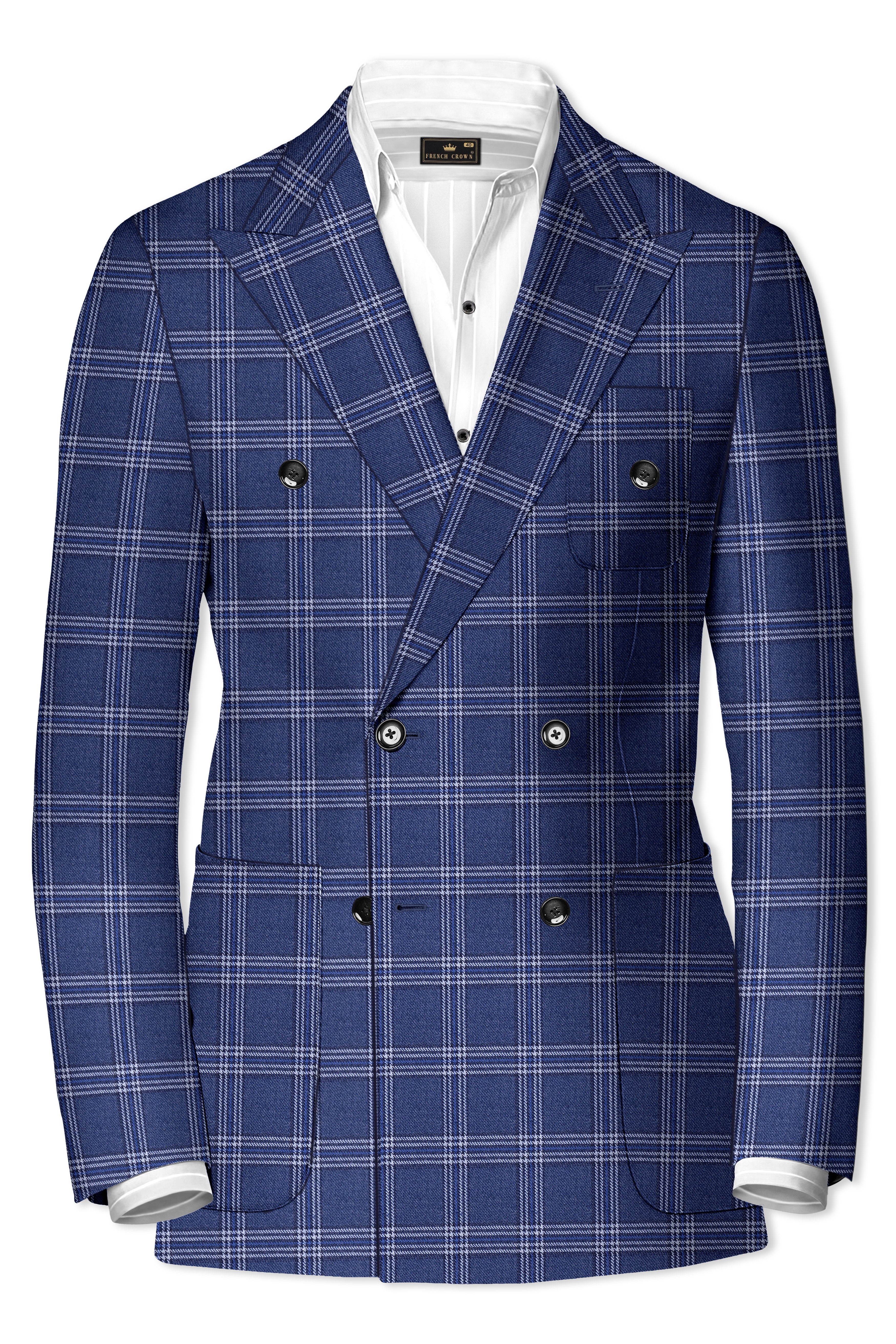 Cloud Blue and White Plaid Tweed Double Breasted Blazer