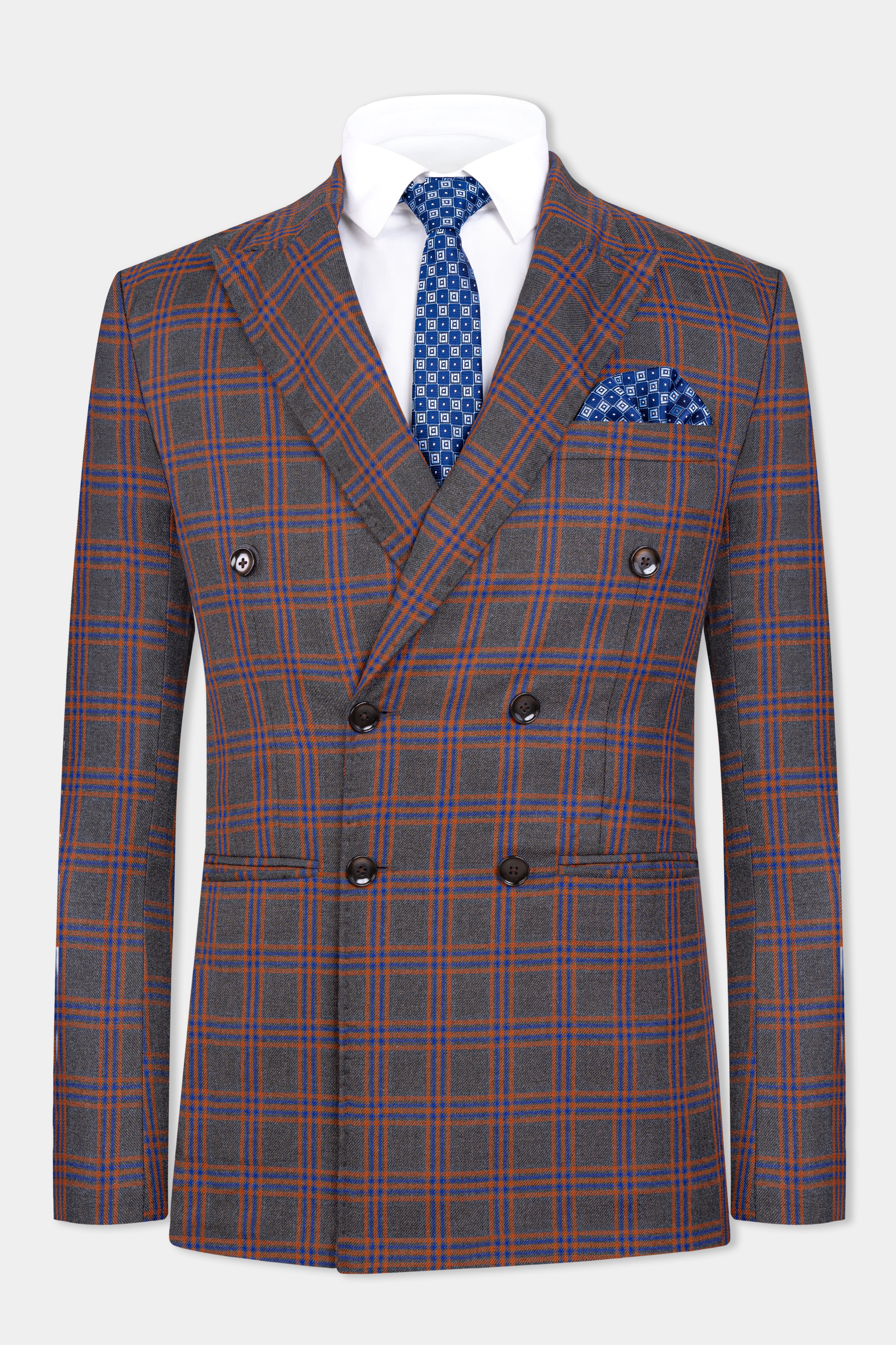 Emperor Gray and Russet Brown Plaid Tweed Double Breasted Blazer
