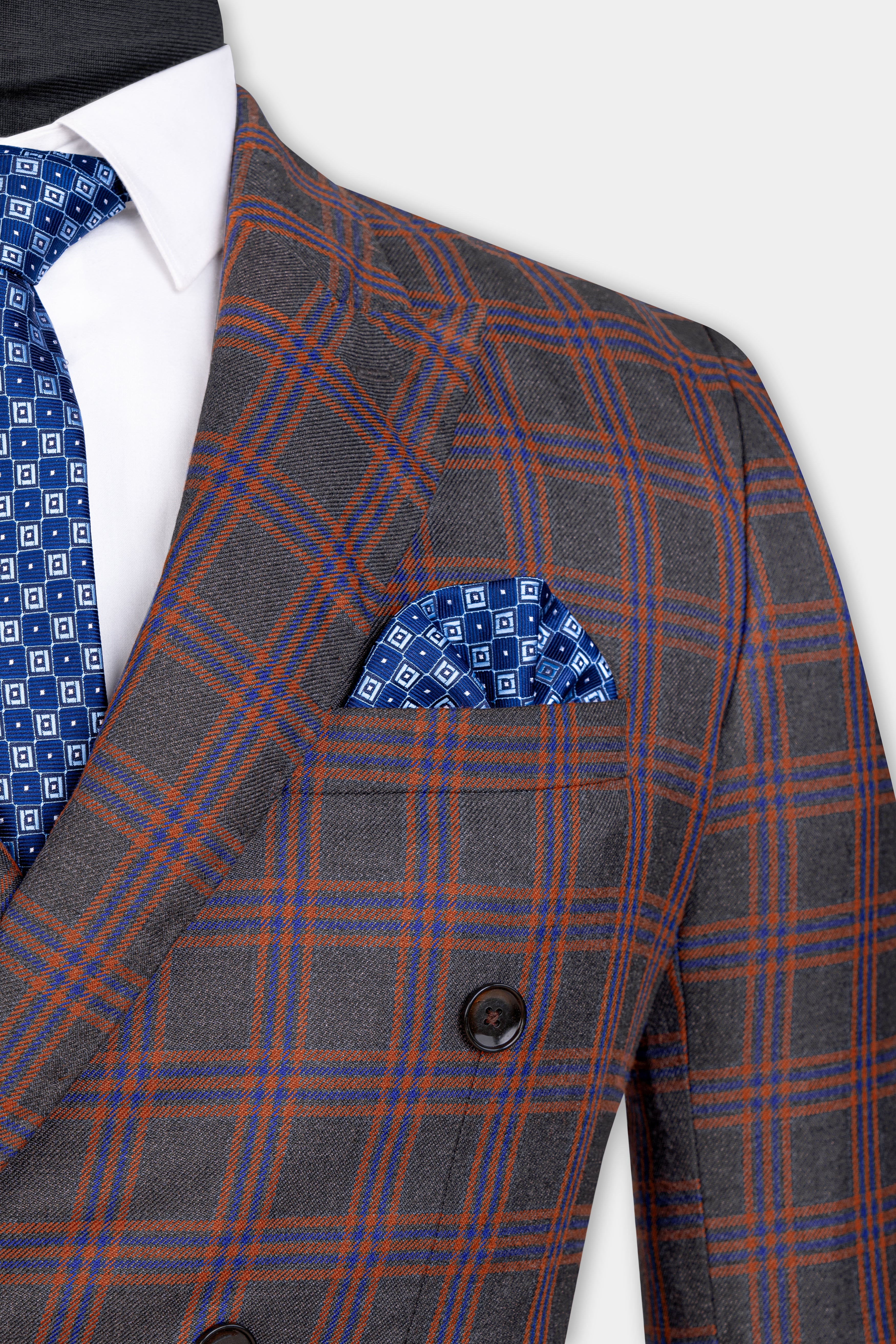 Emperor Gray and Russet Brown Plaid Tweed Double Breasted Blazer