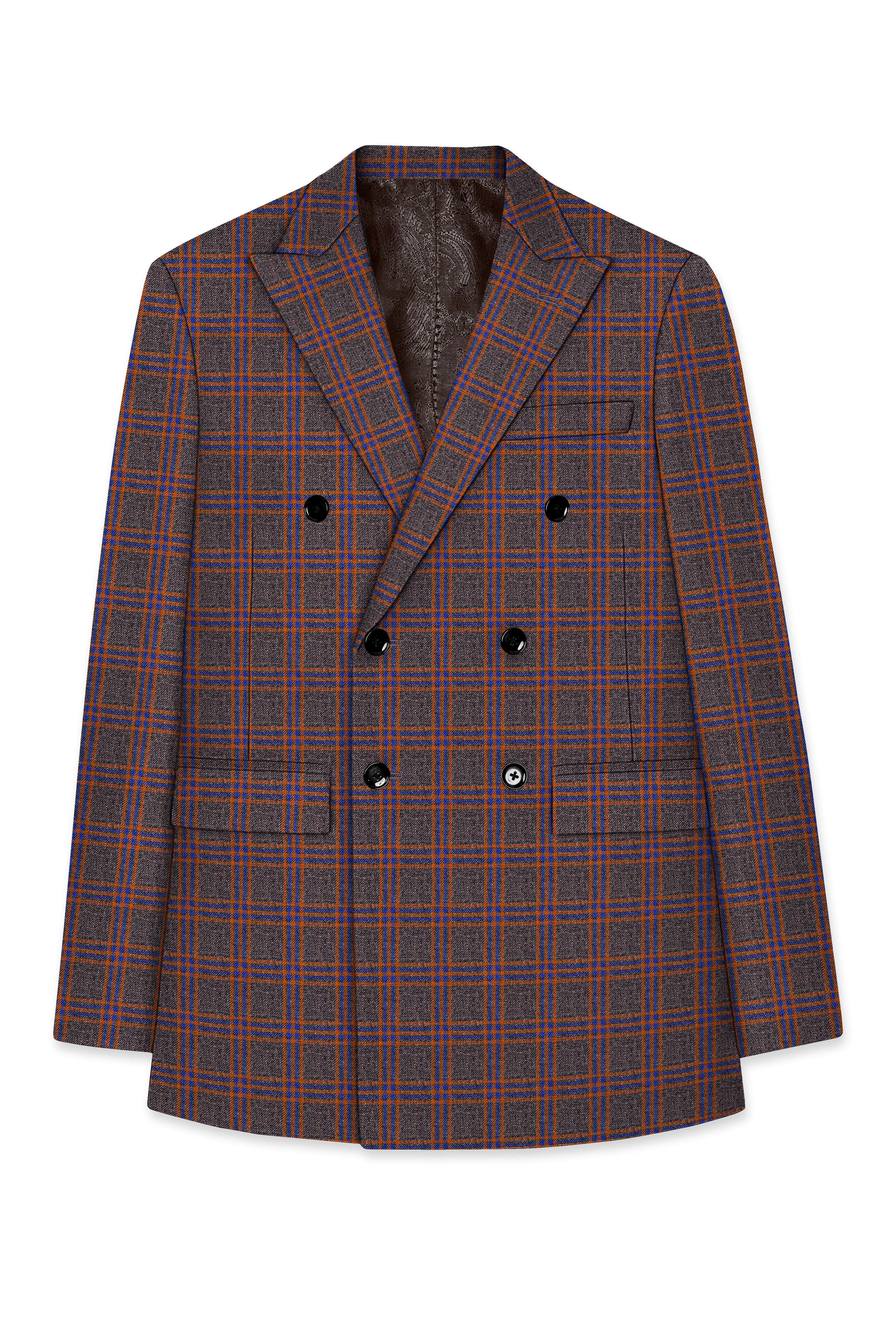 Emperor Gray and Russet Brown Plaid Tweed Double Breasted Blazer