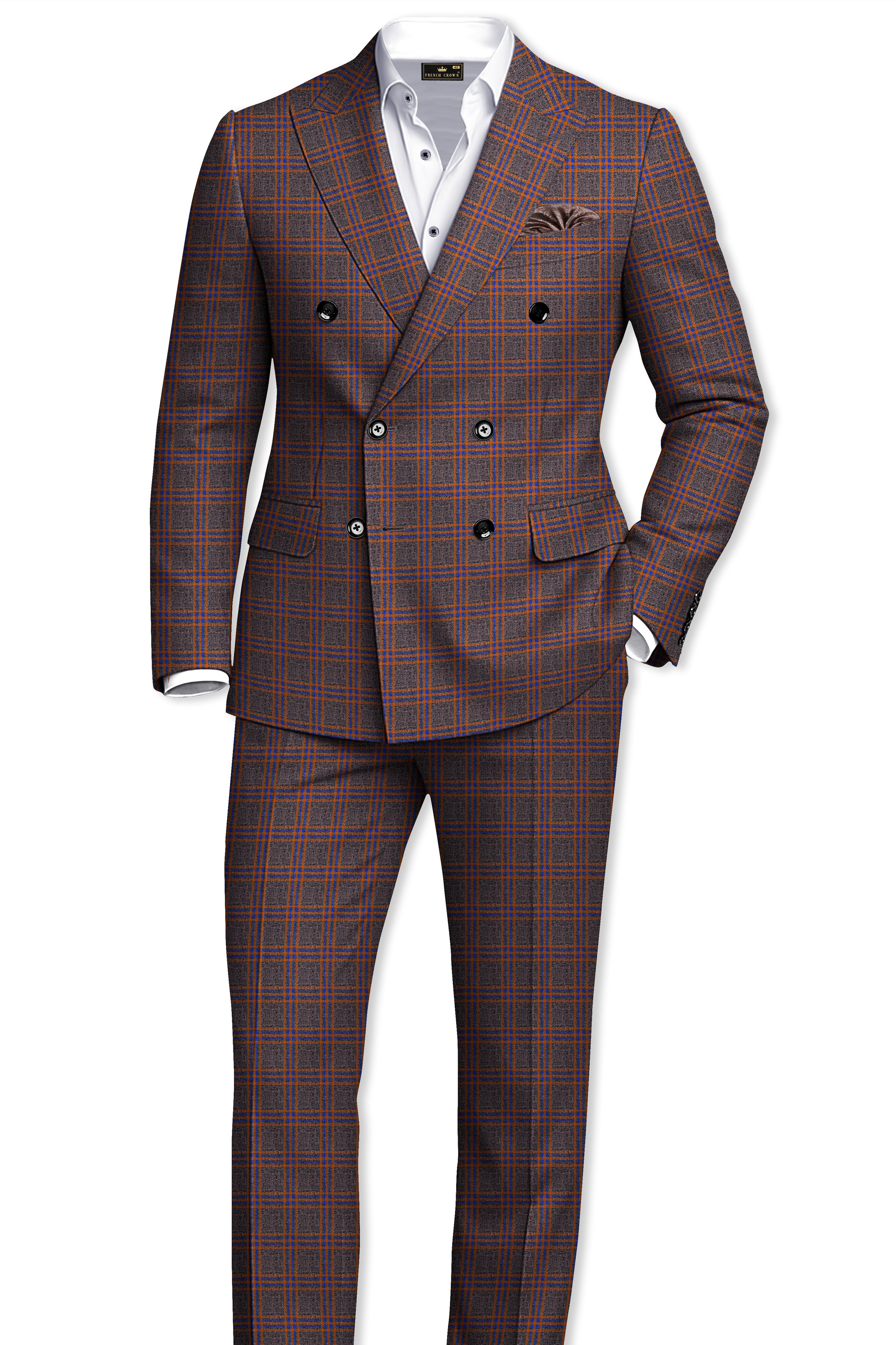 Emperor Gray and Russet Brown Plaid Tweed Double Breasted Blazer