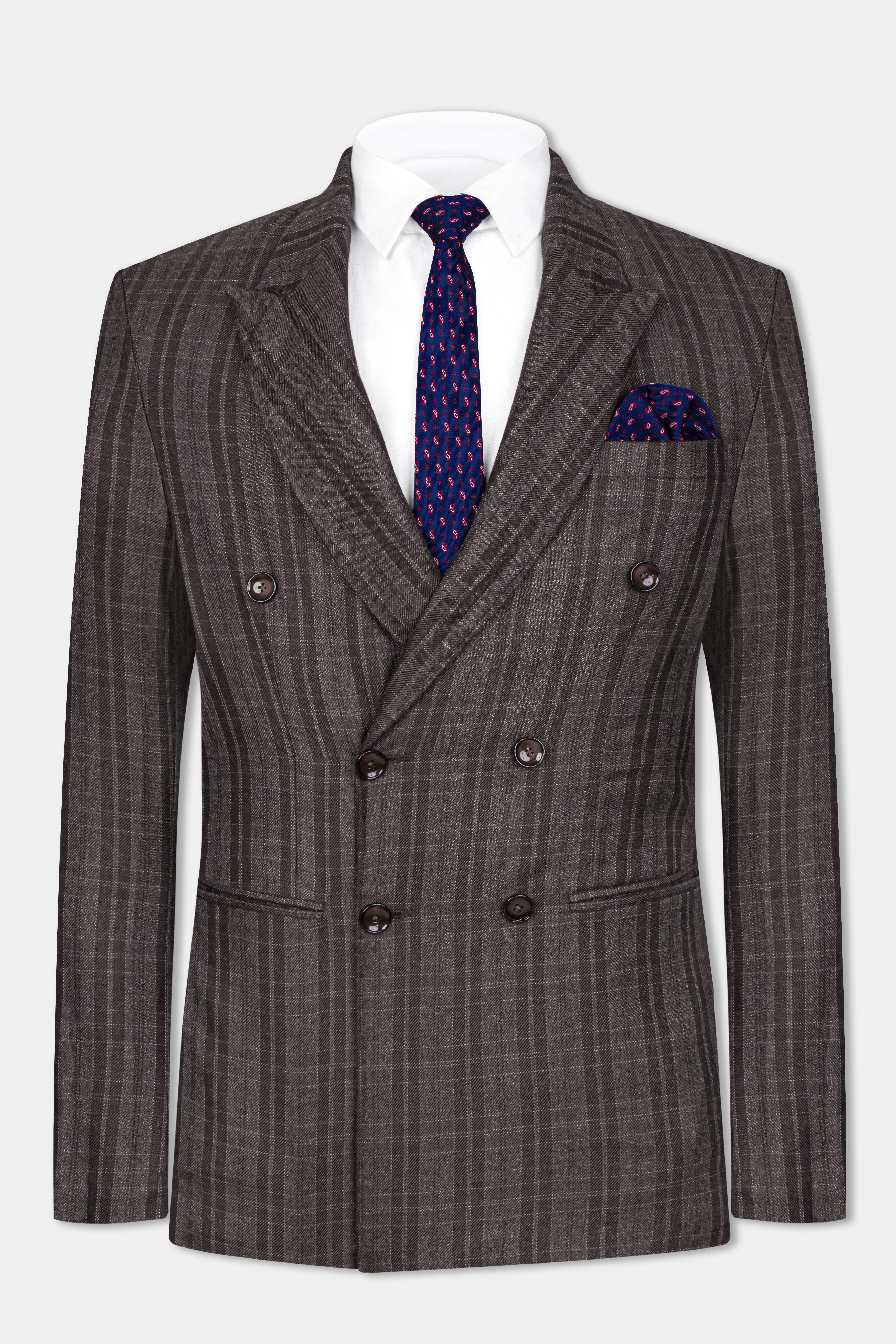 Thunder Brown Plaid Tweed Double Breasted Blazer