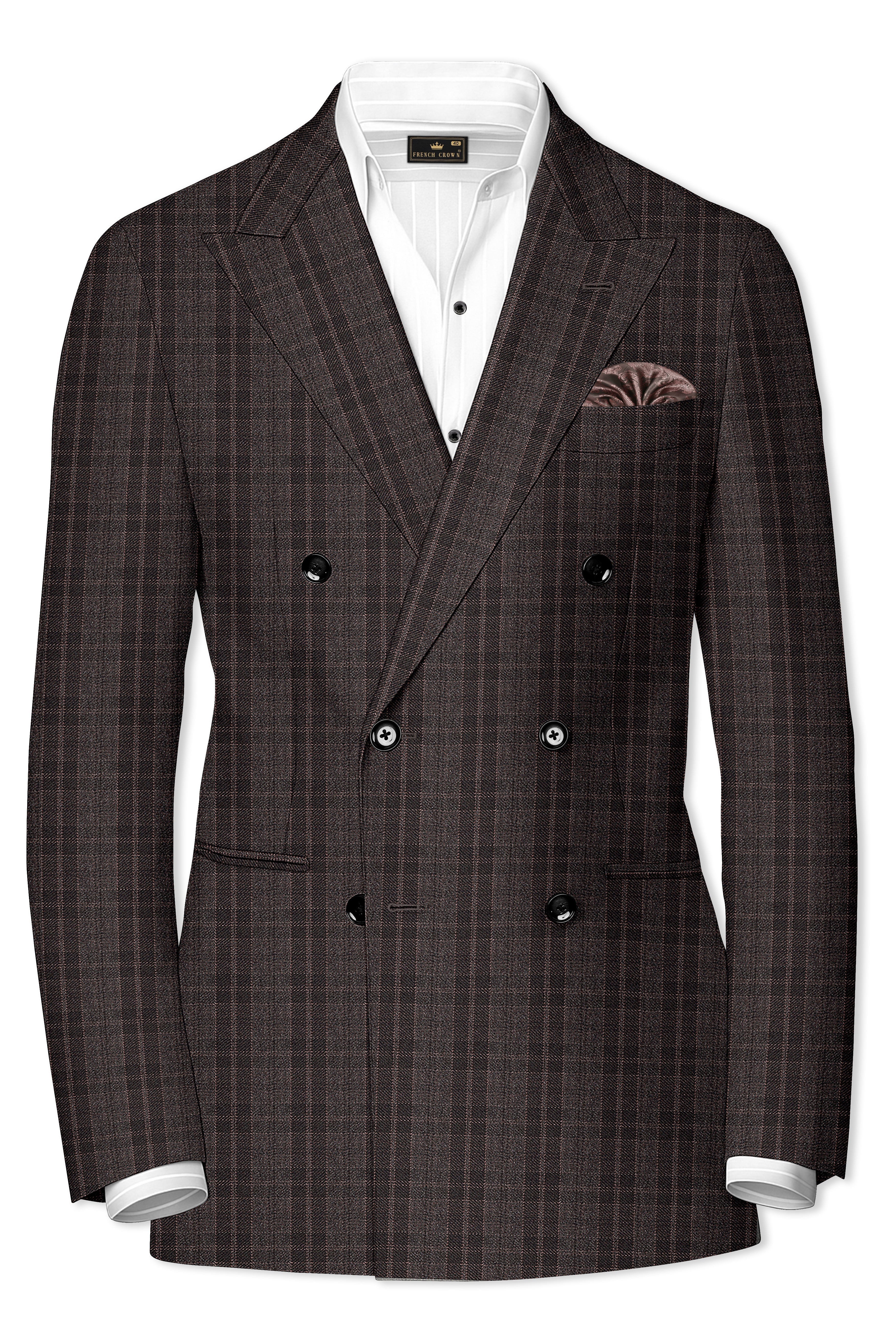 tain double push×playboy CHECK COAT Thunder Brown Checks-Plaid Premium Wool Blend Double Breasted Suit