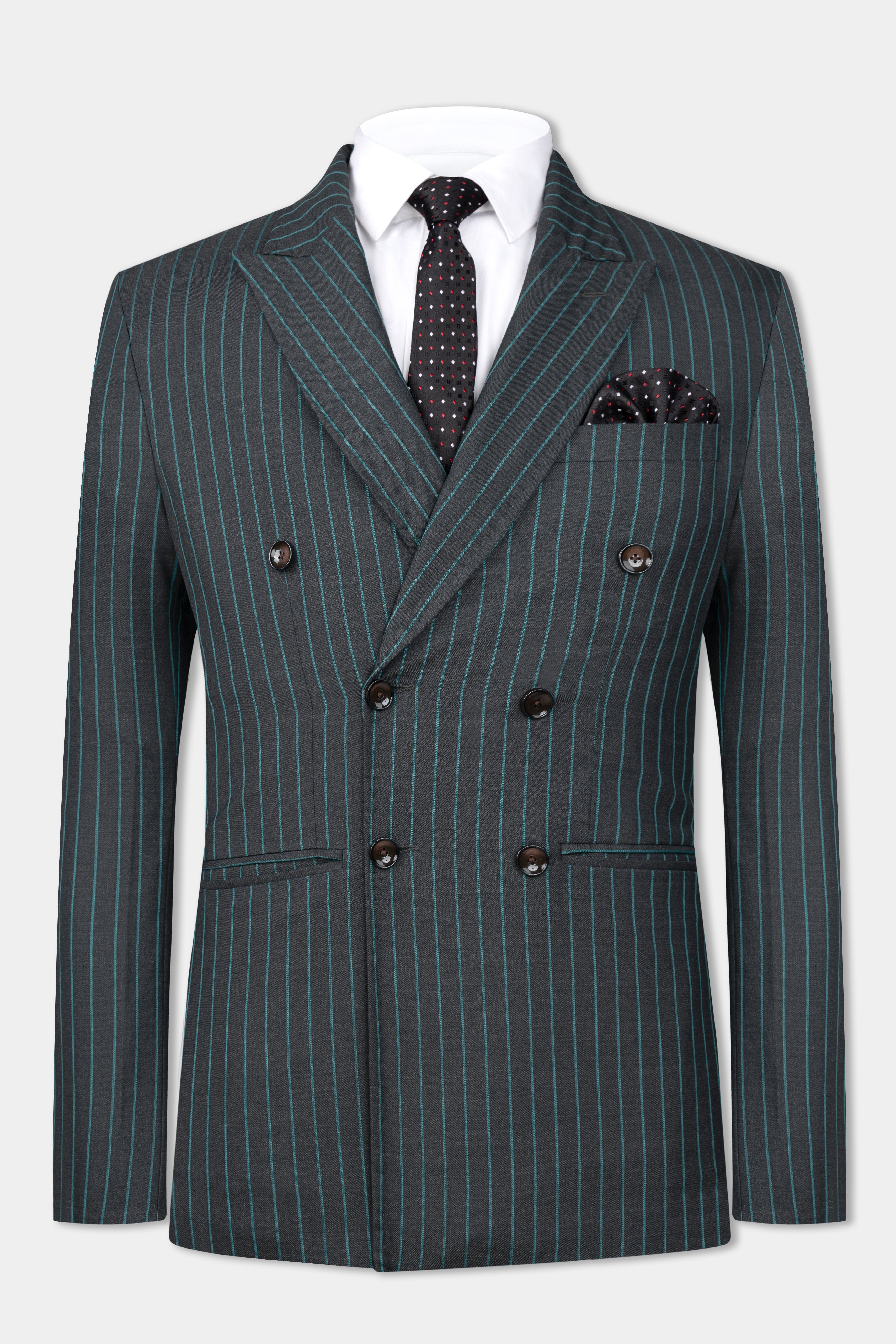 Gravel Gray and Lagoon Blue Striped Wool Rich Double Breasted Blazer