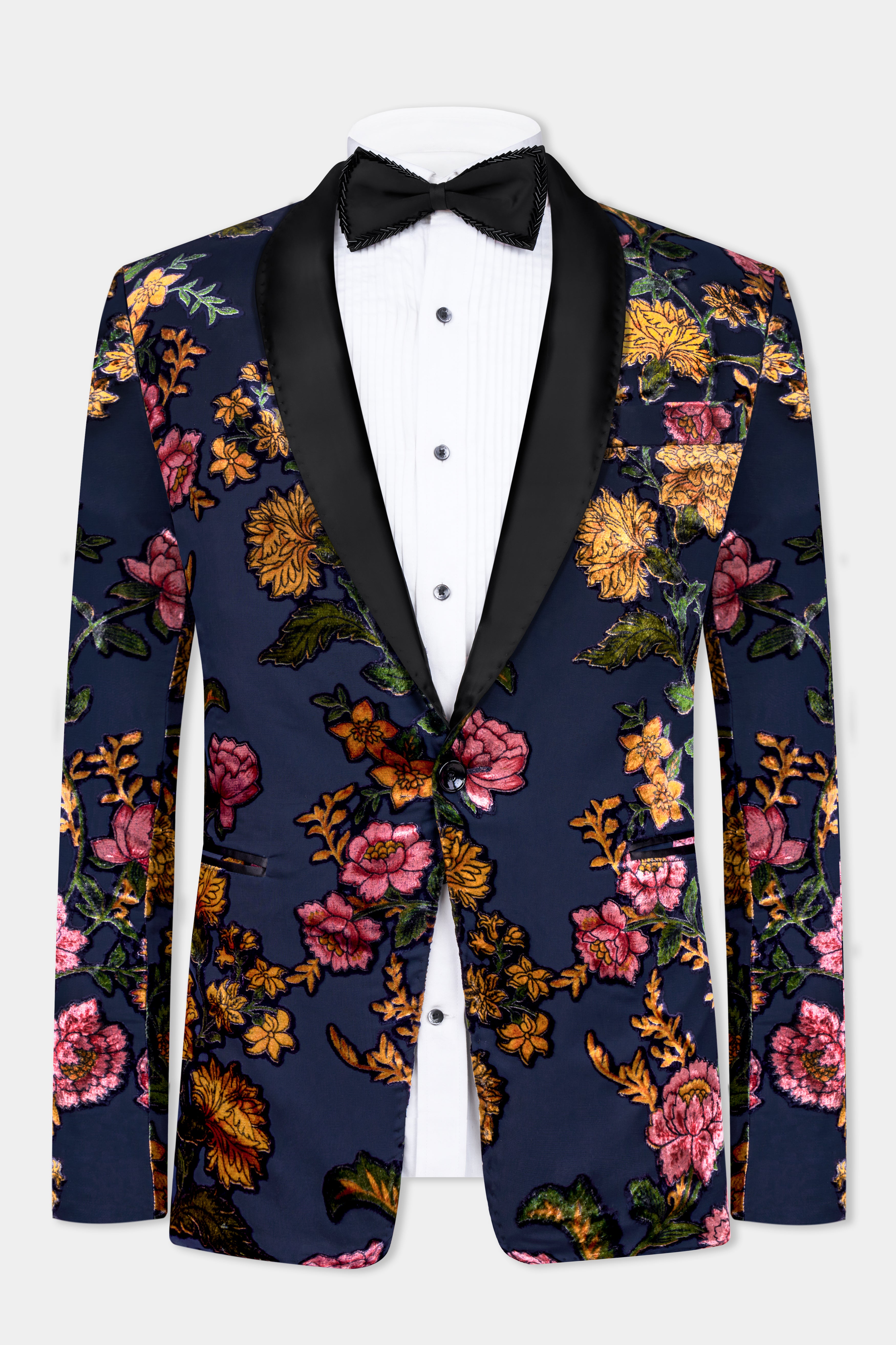 Martinique Blue and Anzac Yellow Multicolour Floral Printed Velvet Designer Tuxedo Blazer