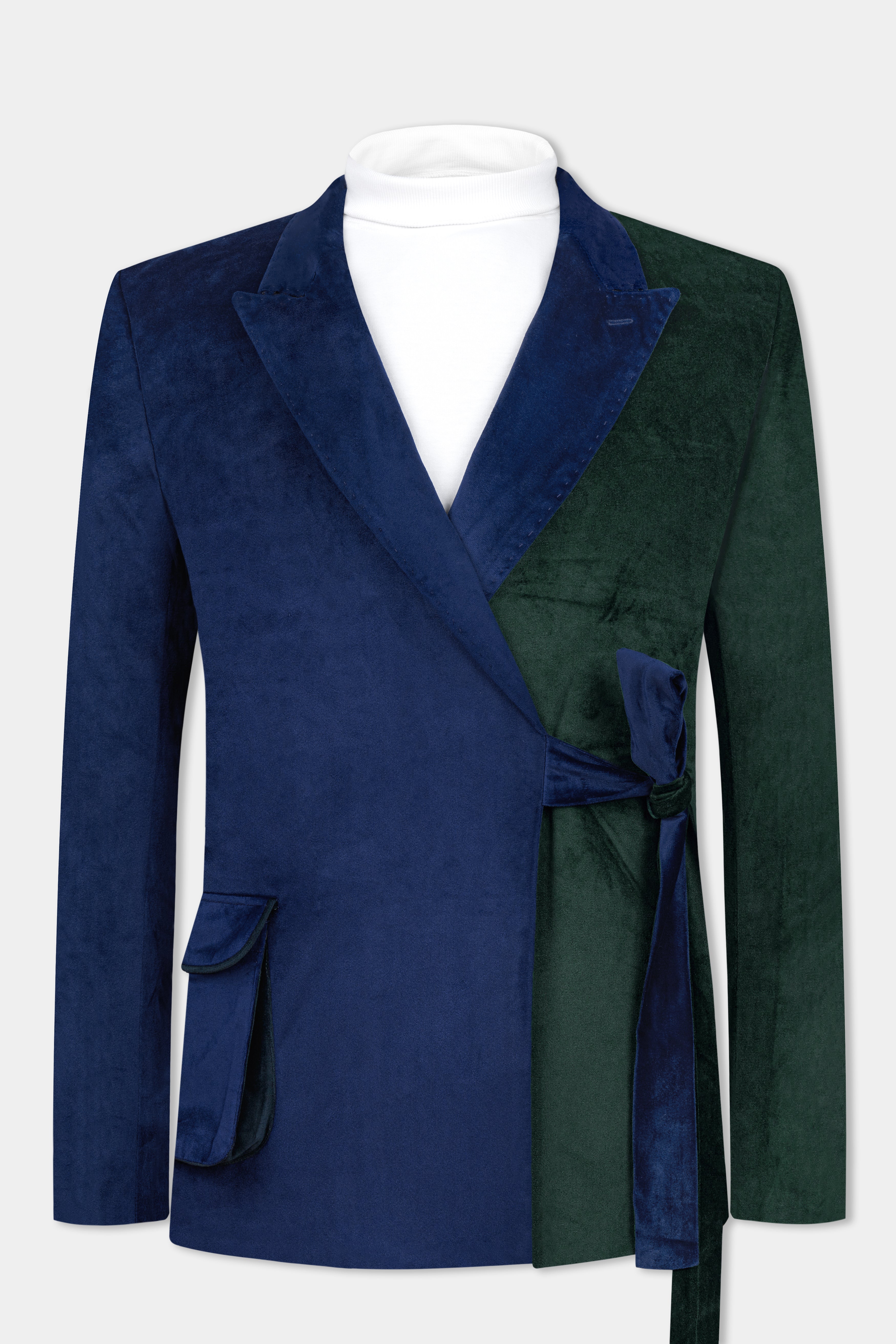 Downriver Blue and Green Velvet Designer Blazer with Belt Closure