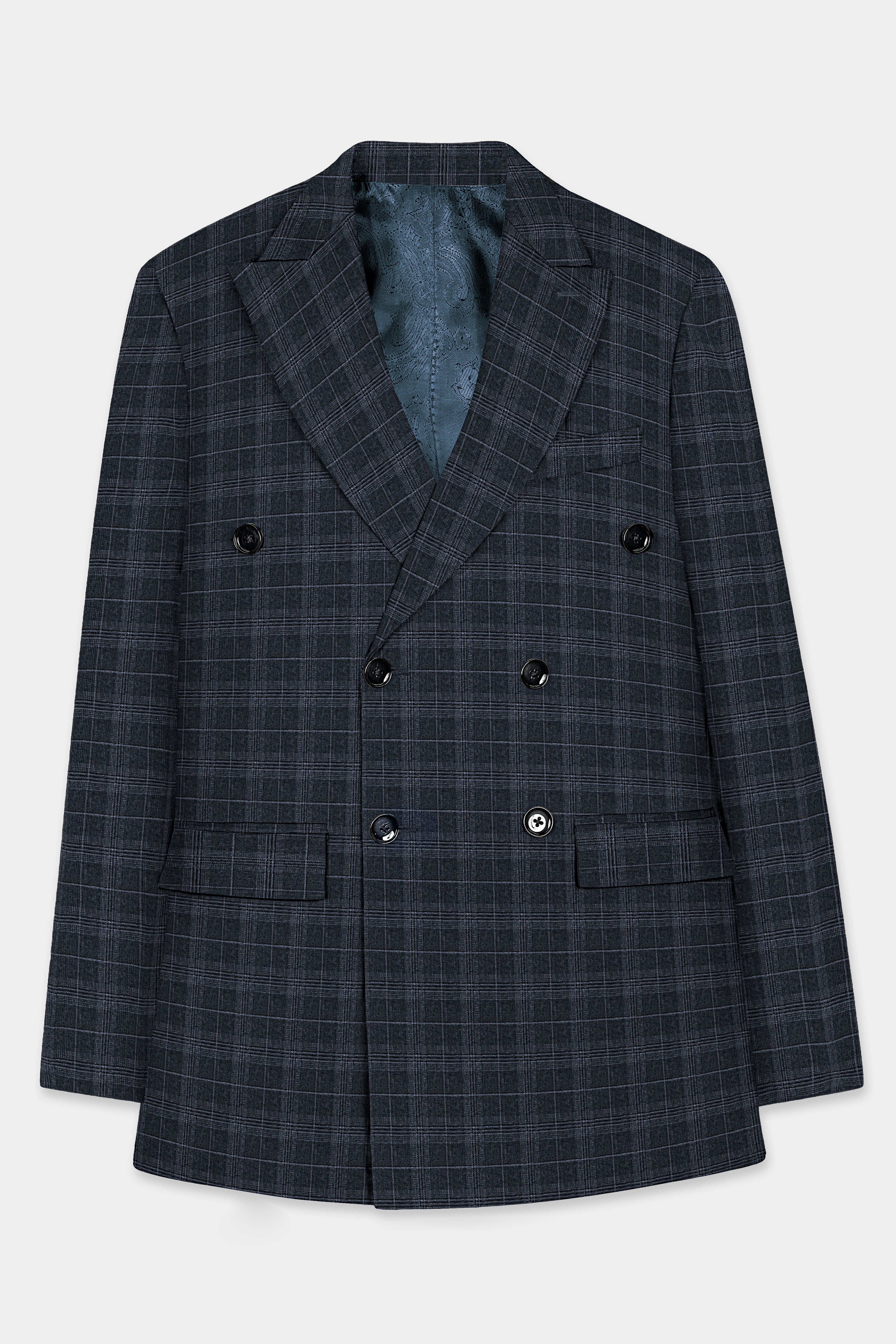 Iridium Dark Gray With Mobster Gray Plaid Wool Rich Double Breasted Blazer