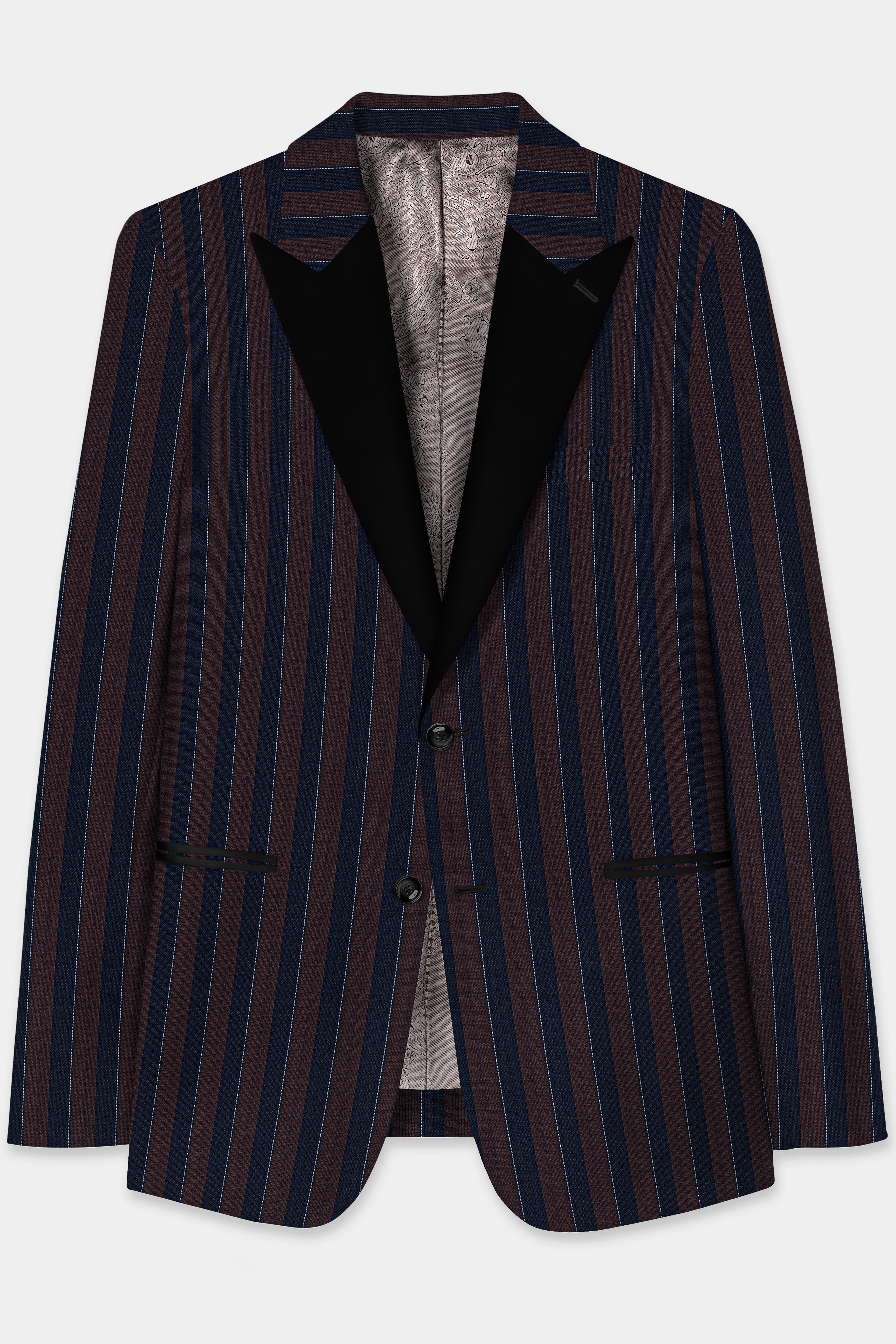 Bistre Brown and Admiral Blue Striped Wool Rich Peak Lapel Tuxedo Blazer