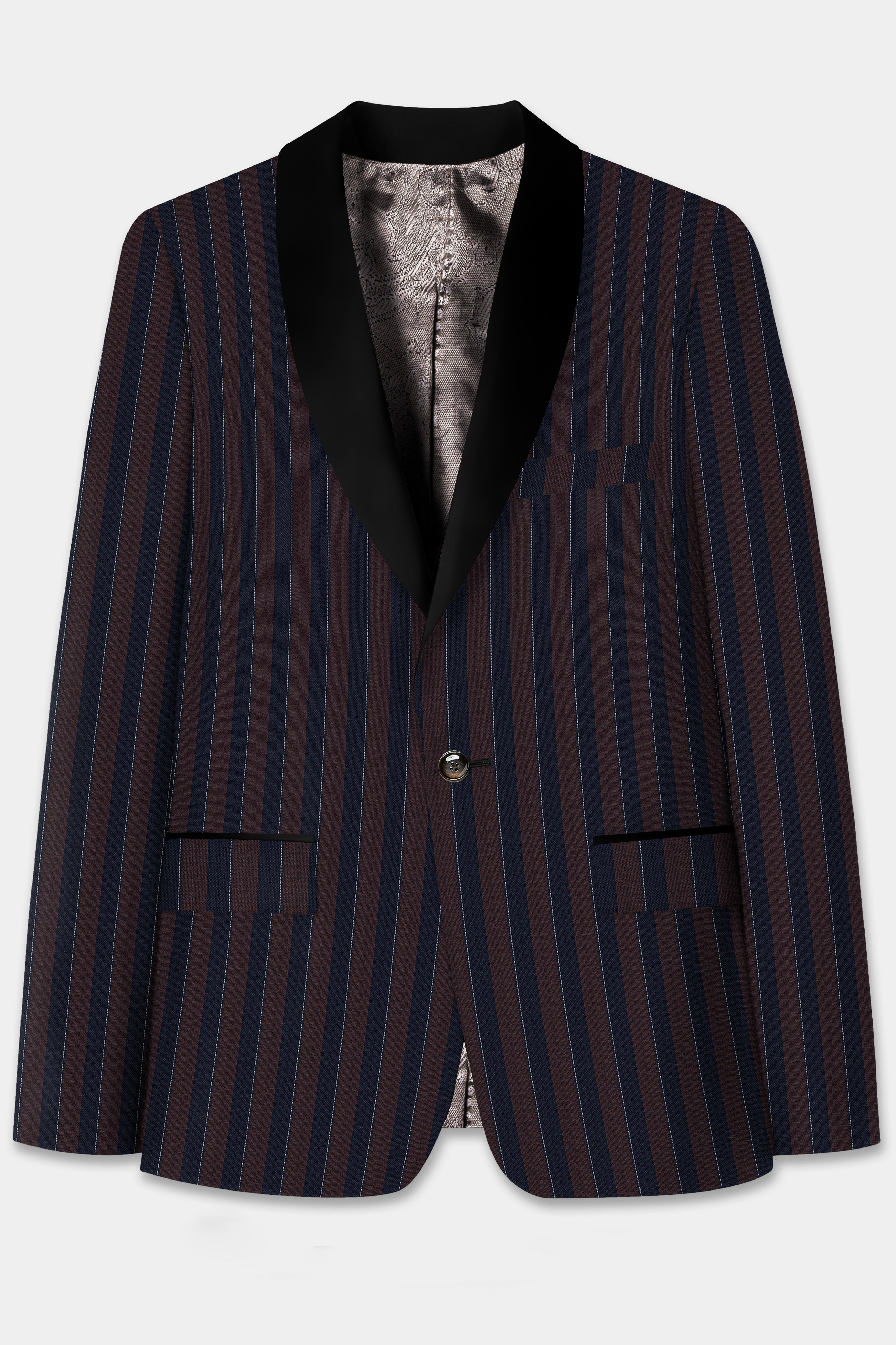 Bistre Brown and Admiral Blue Striped Wool Rich Tuxedo Blazer BL3308-BKL-36, BL3308-BKL-38, BL3308-BKL-40, BL3308-BKL-42, BL3308-BKL-44, BL3308-BKL-46, BL3308-BKL-48, BL3308-BKL-50, BL3308-BKL-52, BL3308-BKL-54, BL3308-BKL-56, BL3308-BKL-58, BL3308-BKL-60