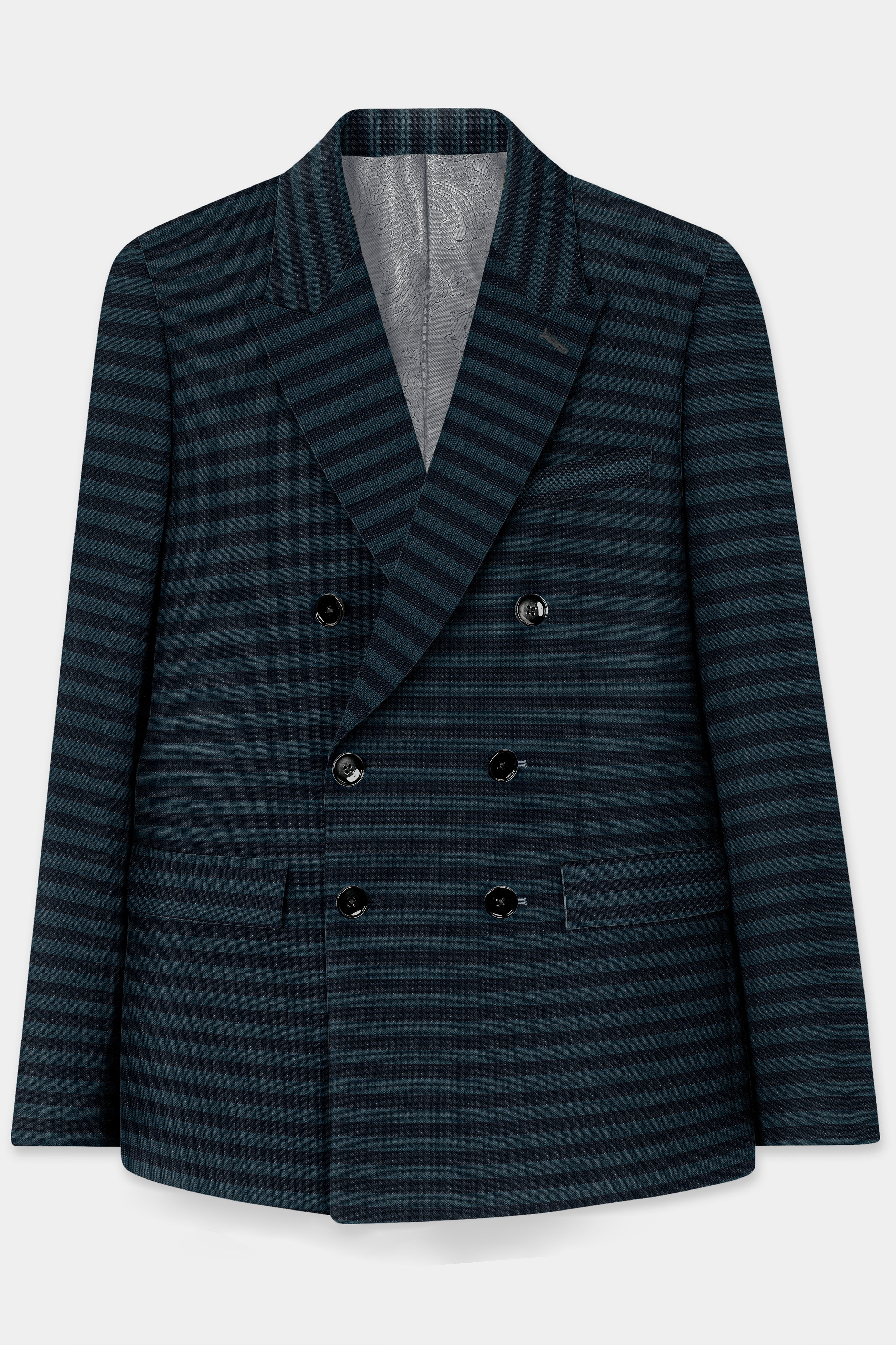 Bluish Blue And Jade Black Striped Wool Rich Double Breasted Blazer