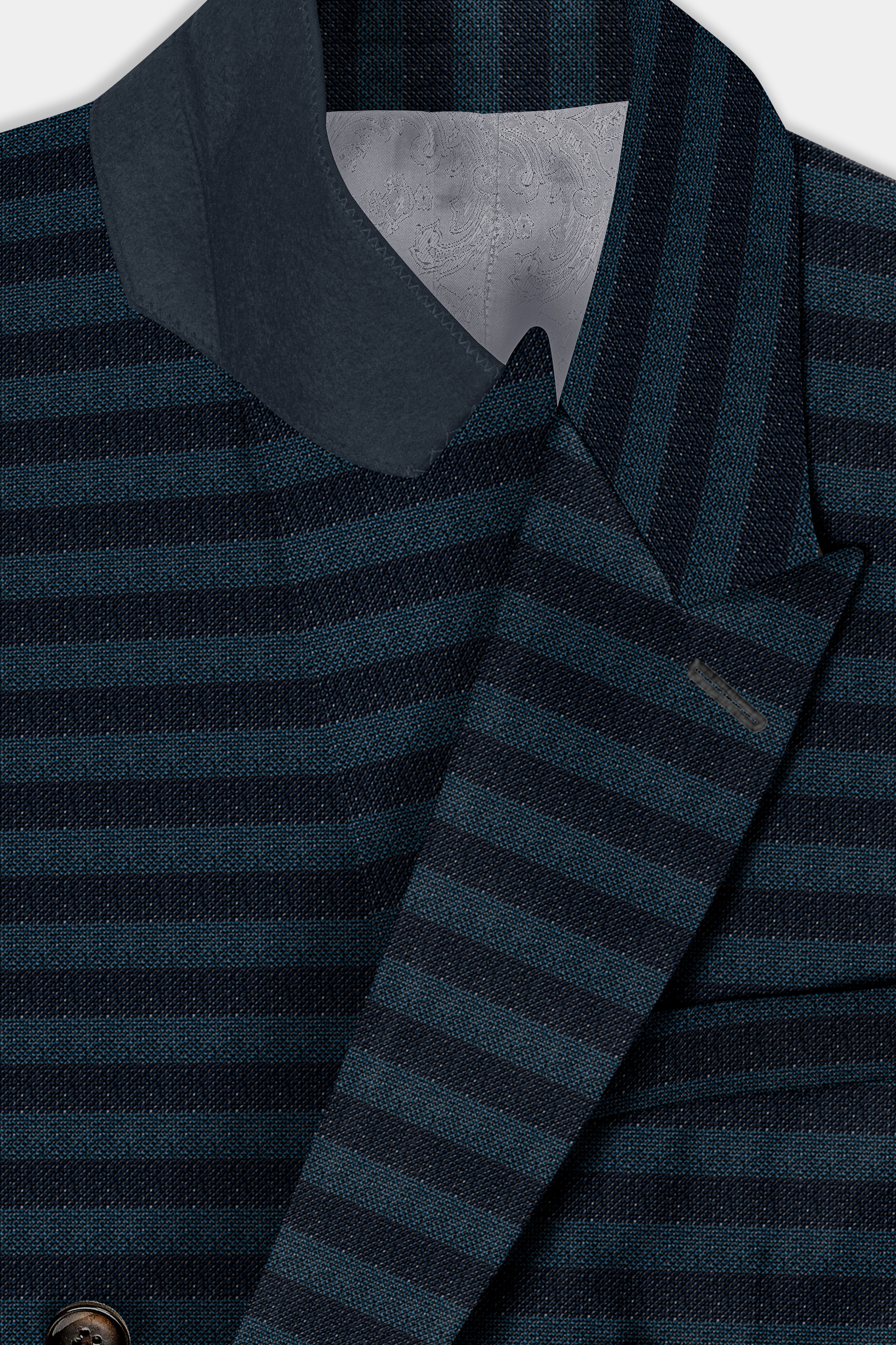 Bluish Blue And Jade Black Striped Wool Rich Double Breasted Blazer