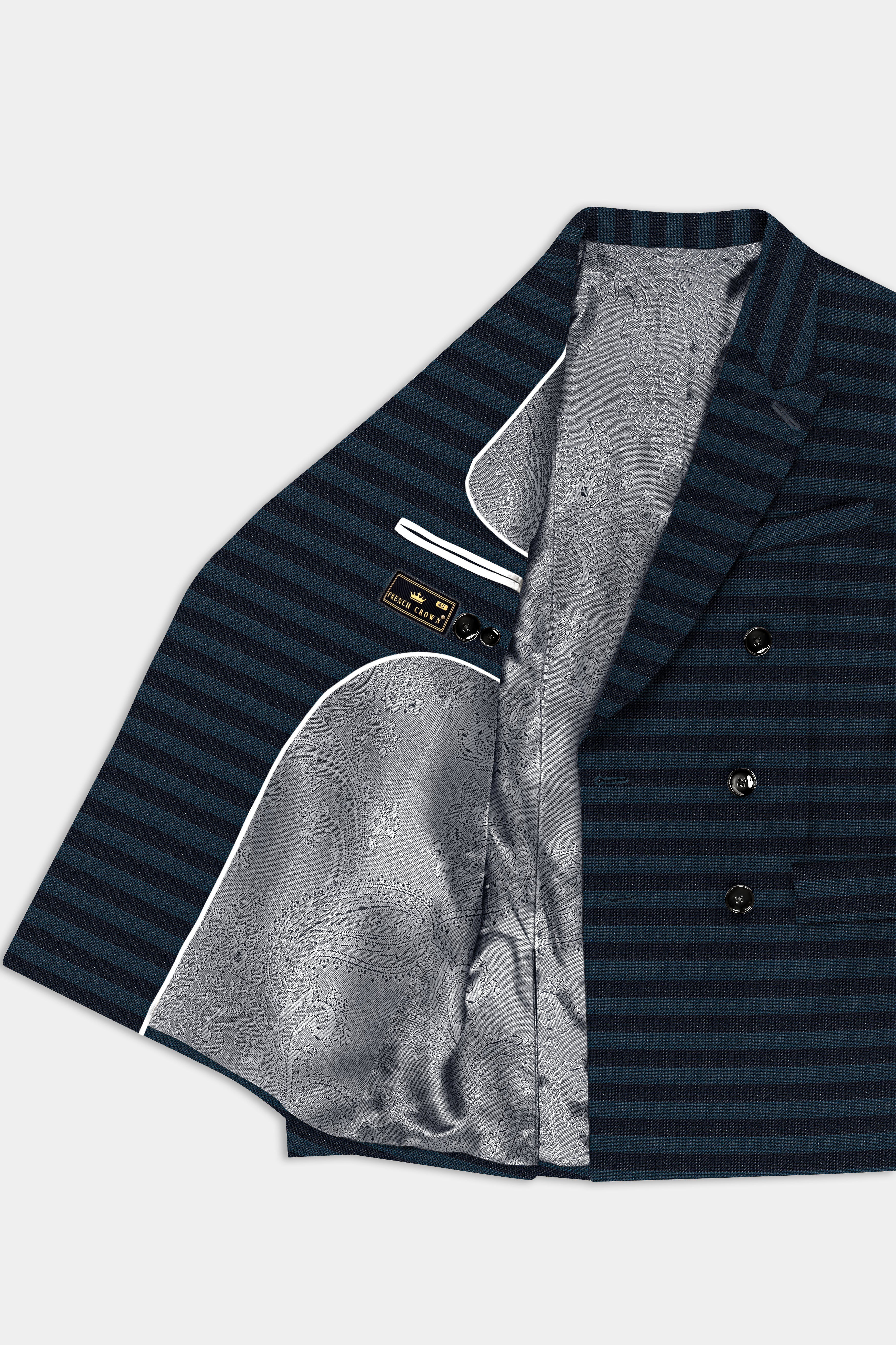 Bluish Blue And Jade Black Striped Wool Rich Double Breasted Blazer