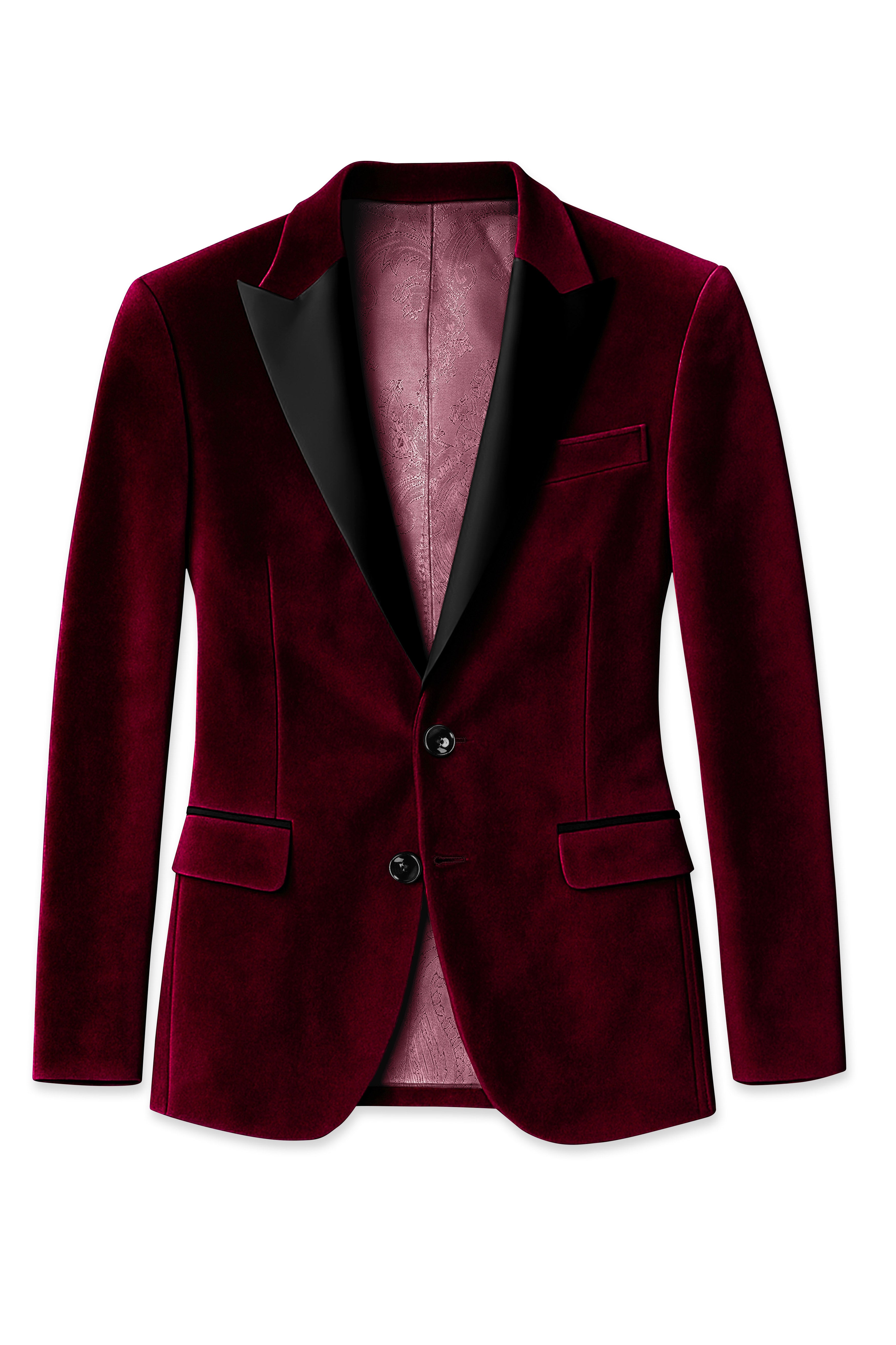 Bulgarian Maroon Crushed Velvet Peak Lapel Tuxedo Blazer