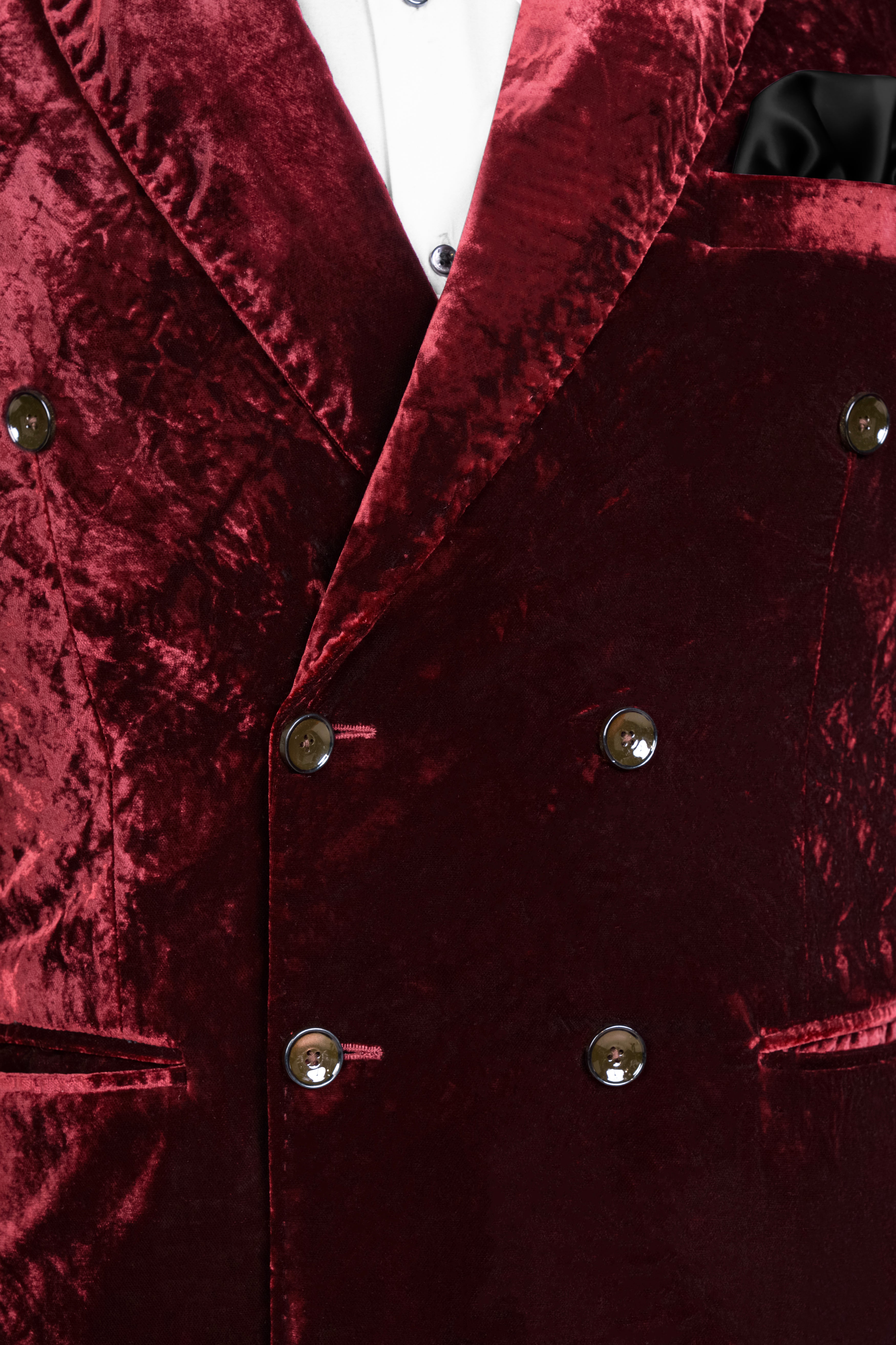 Bulgarian Maroon Textured Premium Velvet Double Breasted Blazer