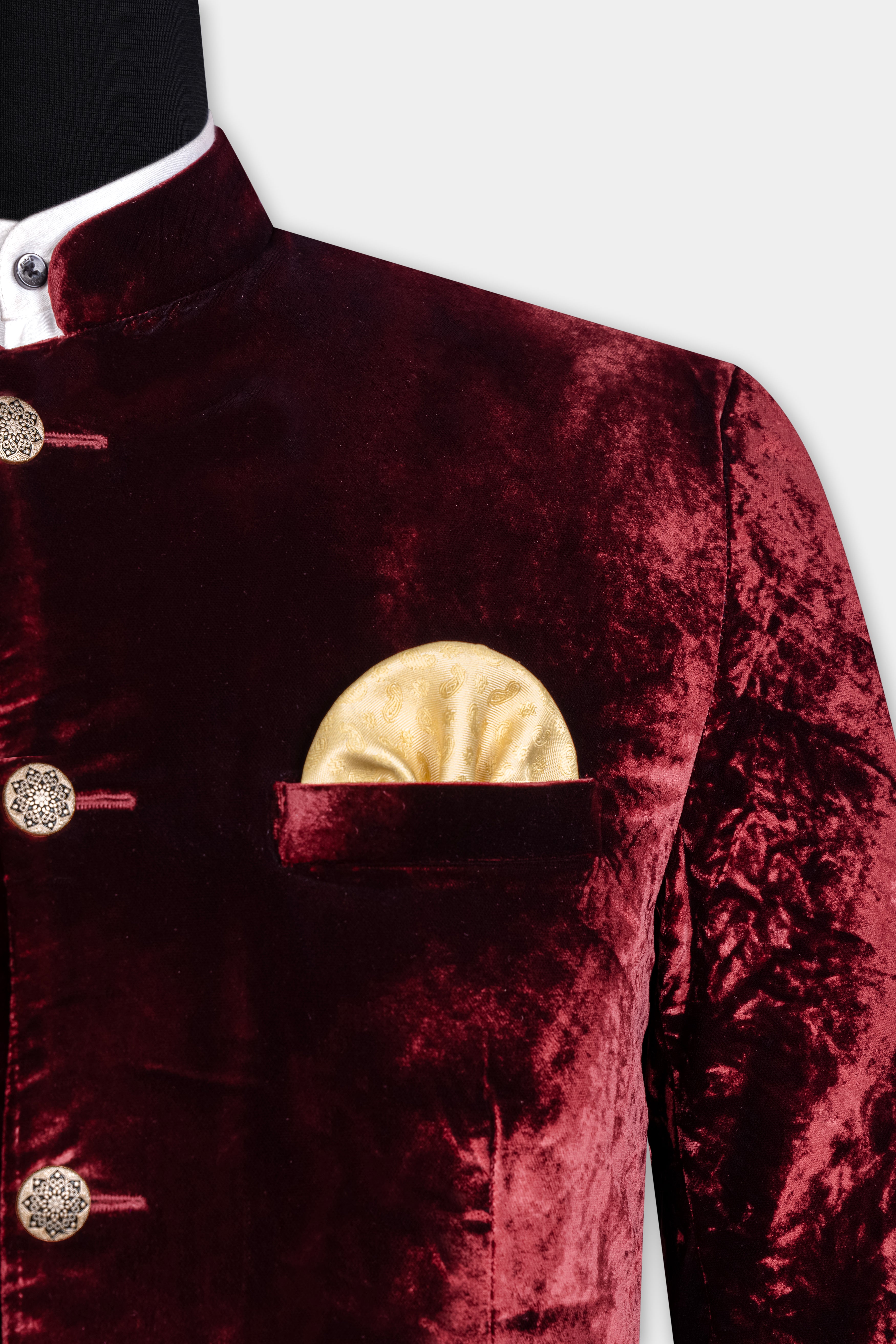 Bulgarian Maroon Crushed Velvet Bandhgala Blazer