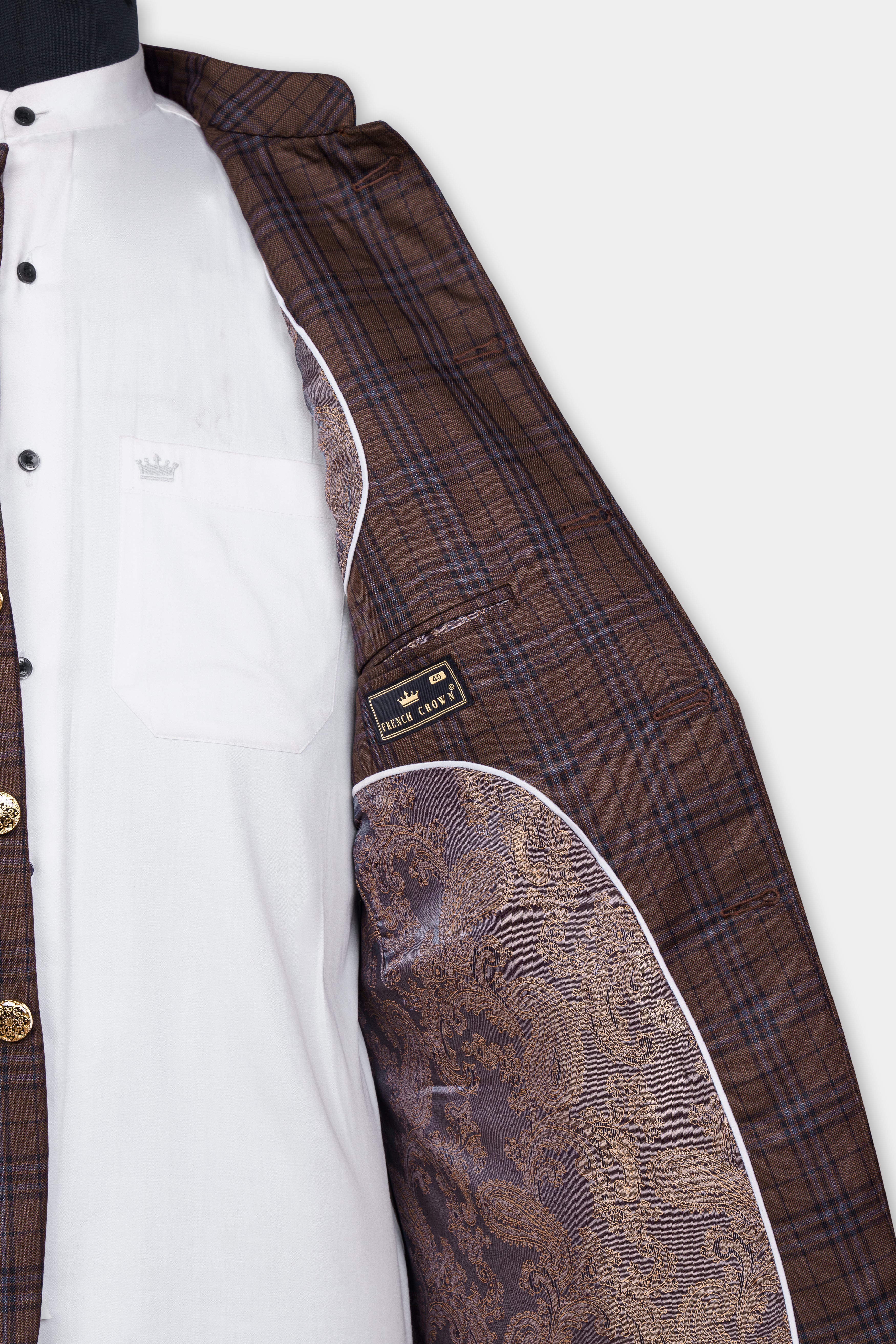 Gingerbread Brown and Haiti Blue Plaid Wool Rich Bandhgala Blazer