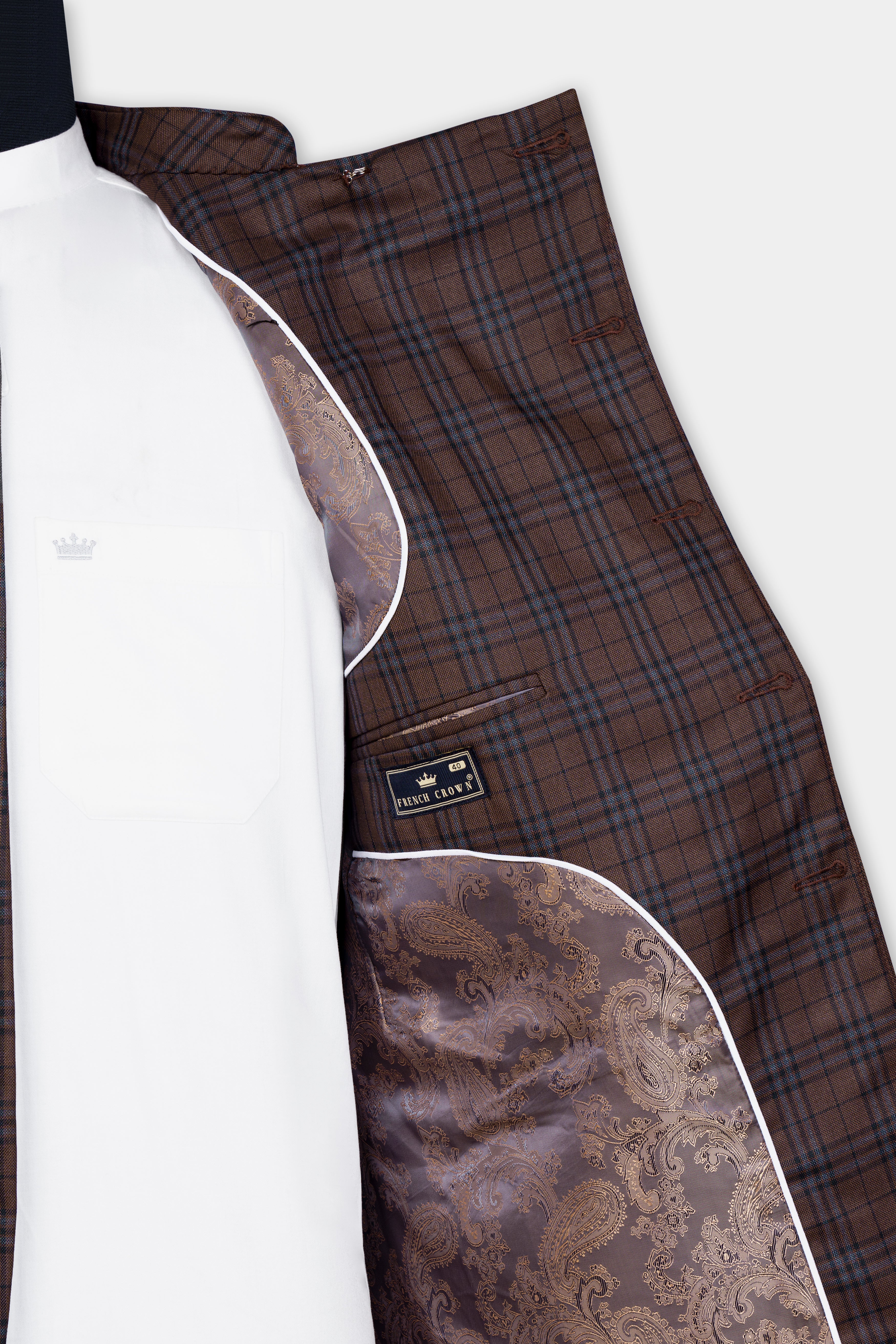 Gingerbread Brown and Haiti Blue Plaid Wool Rich Cross Placket Bandhgala Blazer
