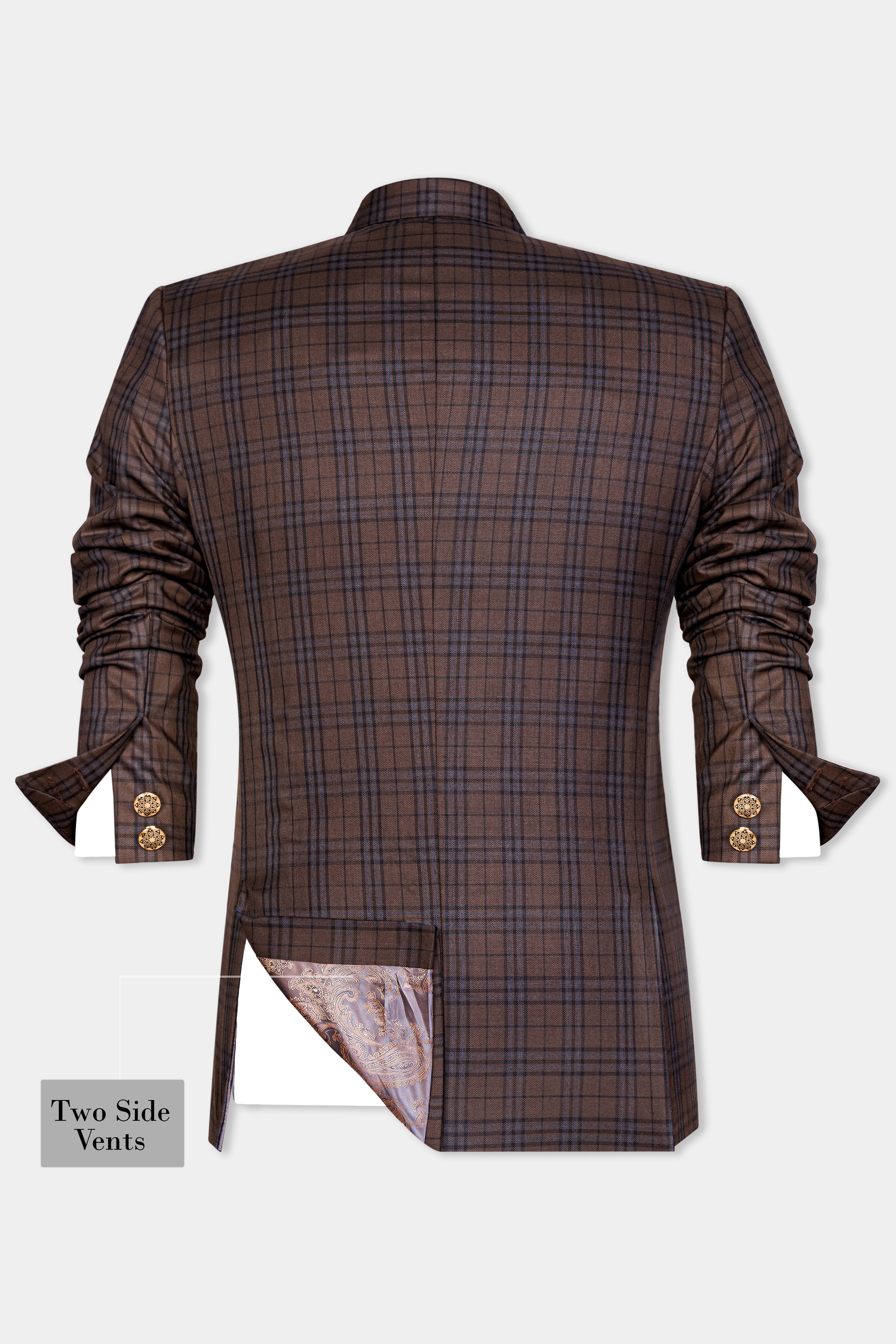 Gingerbread Brown and Haiti Blue Plaid Wool Rich Cross Placket Bandhgala Blazer