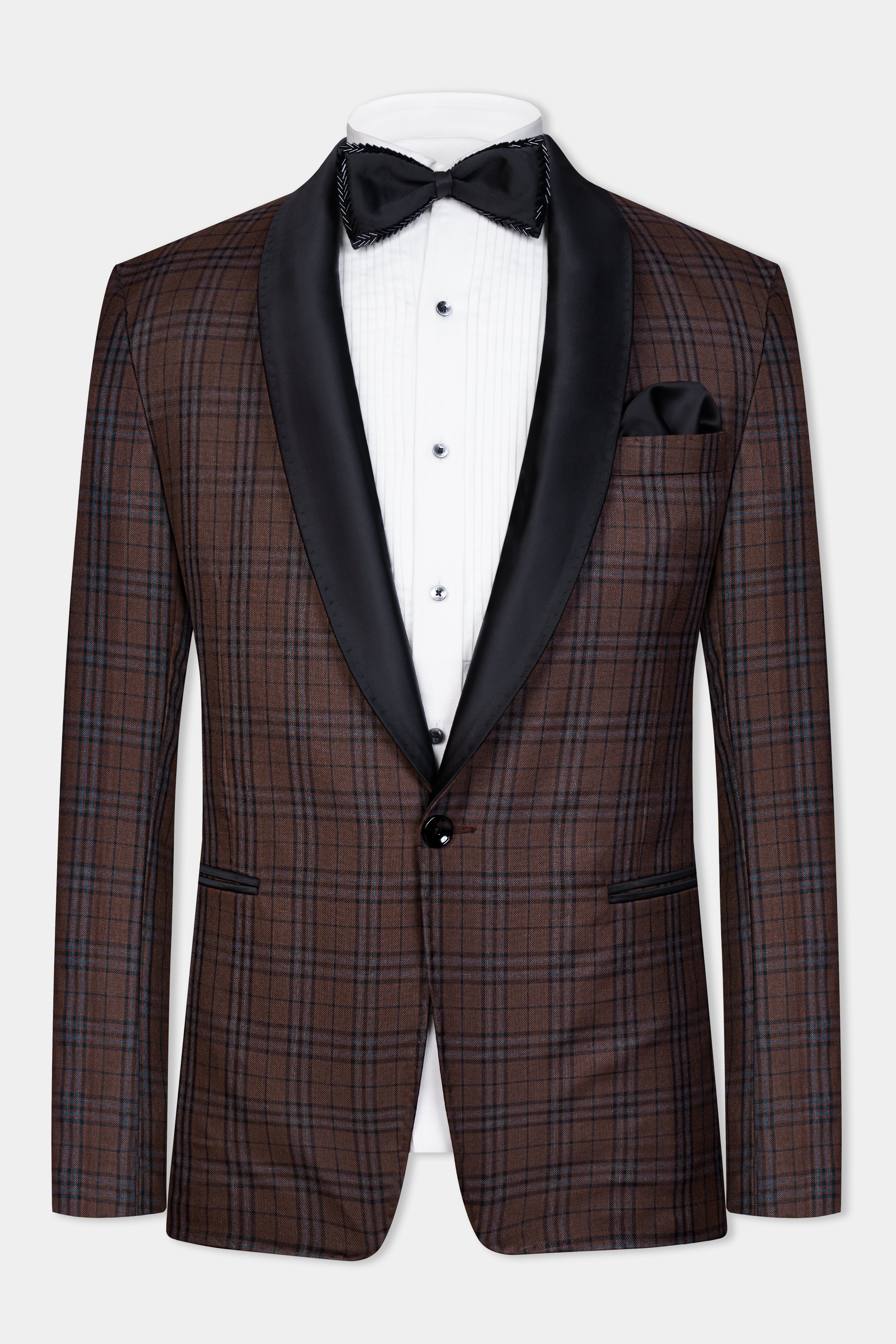 Gingerbread Brown and Haiti Blue Plaid Wool Rich Tuxedo Blazer