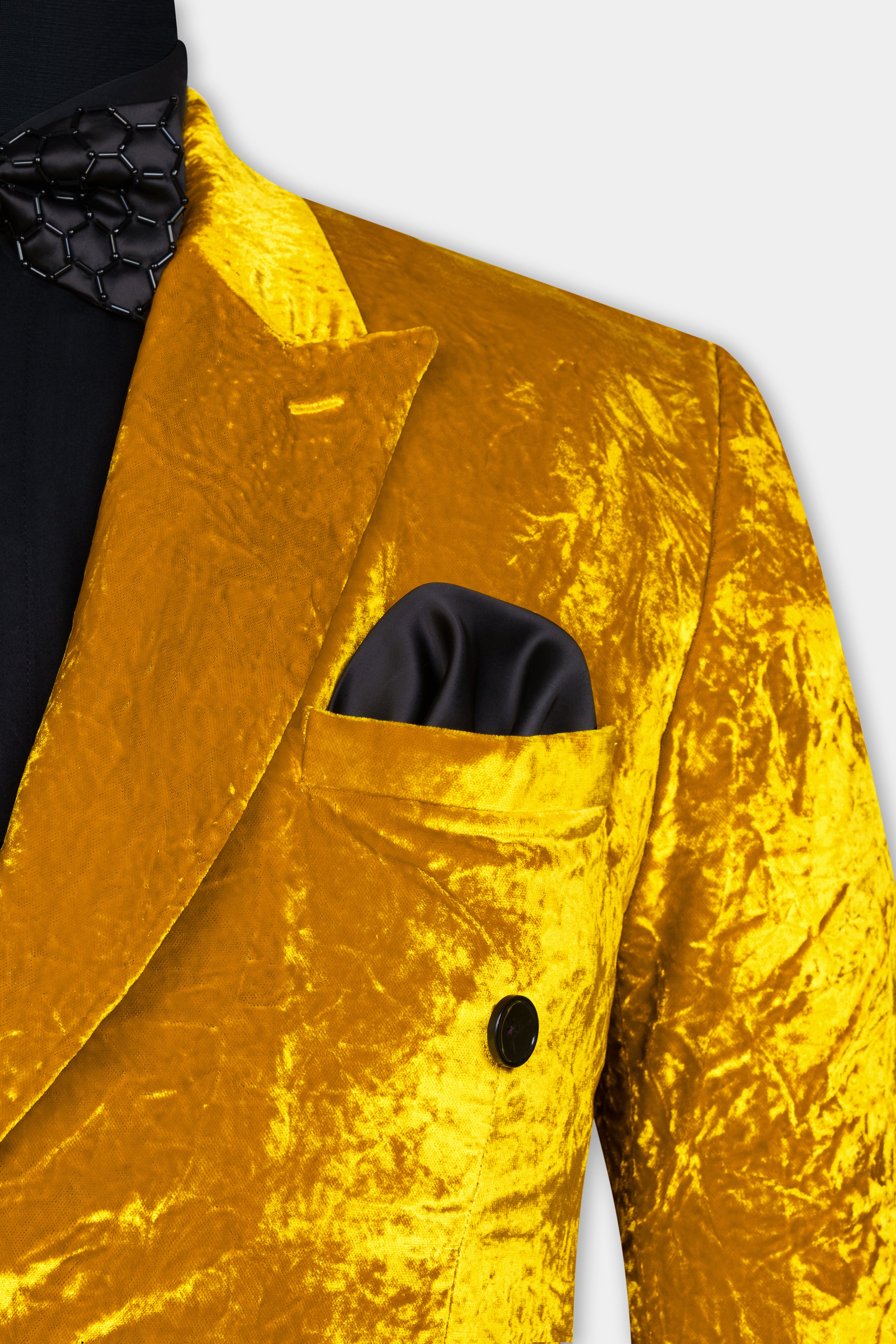 Gamboge Yellow Double Breasted Crushed Velvet Blazer