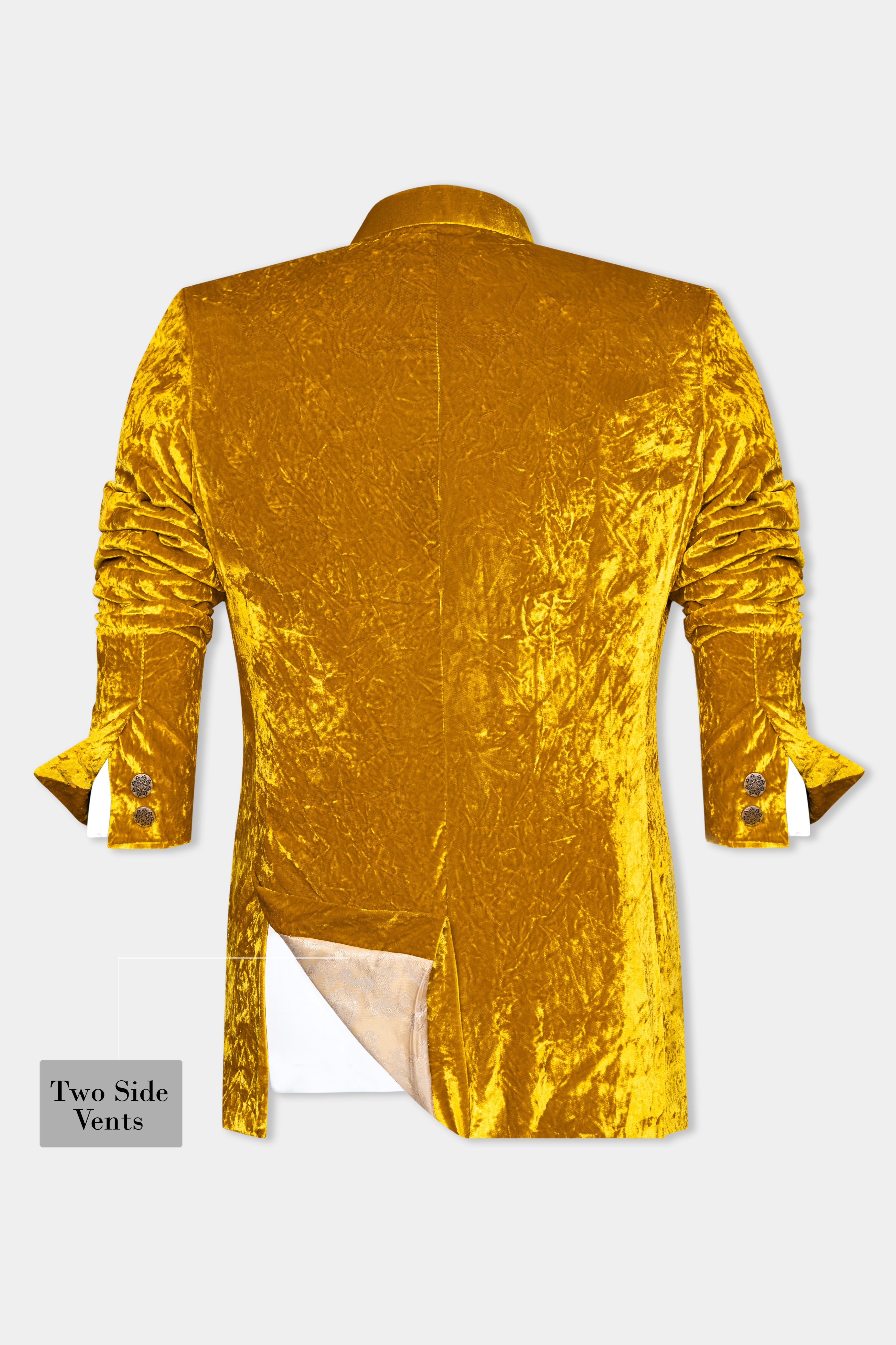 Gamboge Yellow Crushed Velvet Cross Placket Bandhgala Blazer