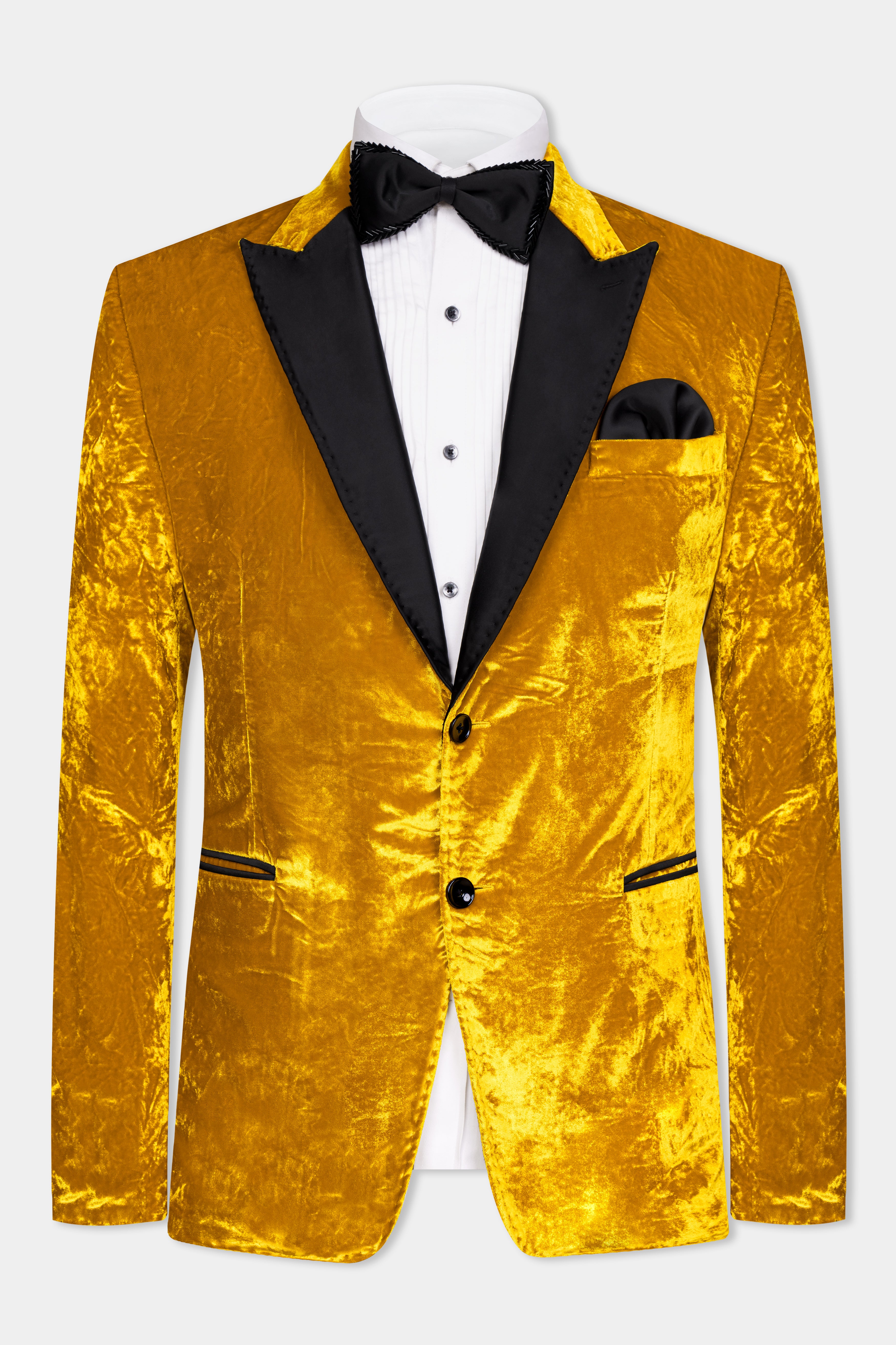 Gamboge Yellow Crushed Velvet Peak Collar Tuxedo Blazer