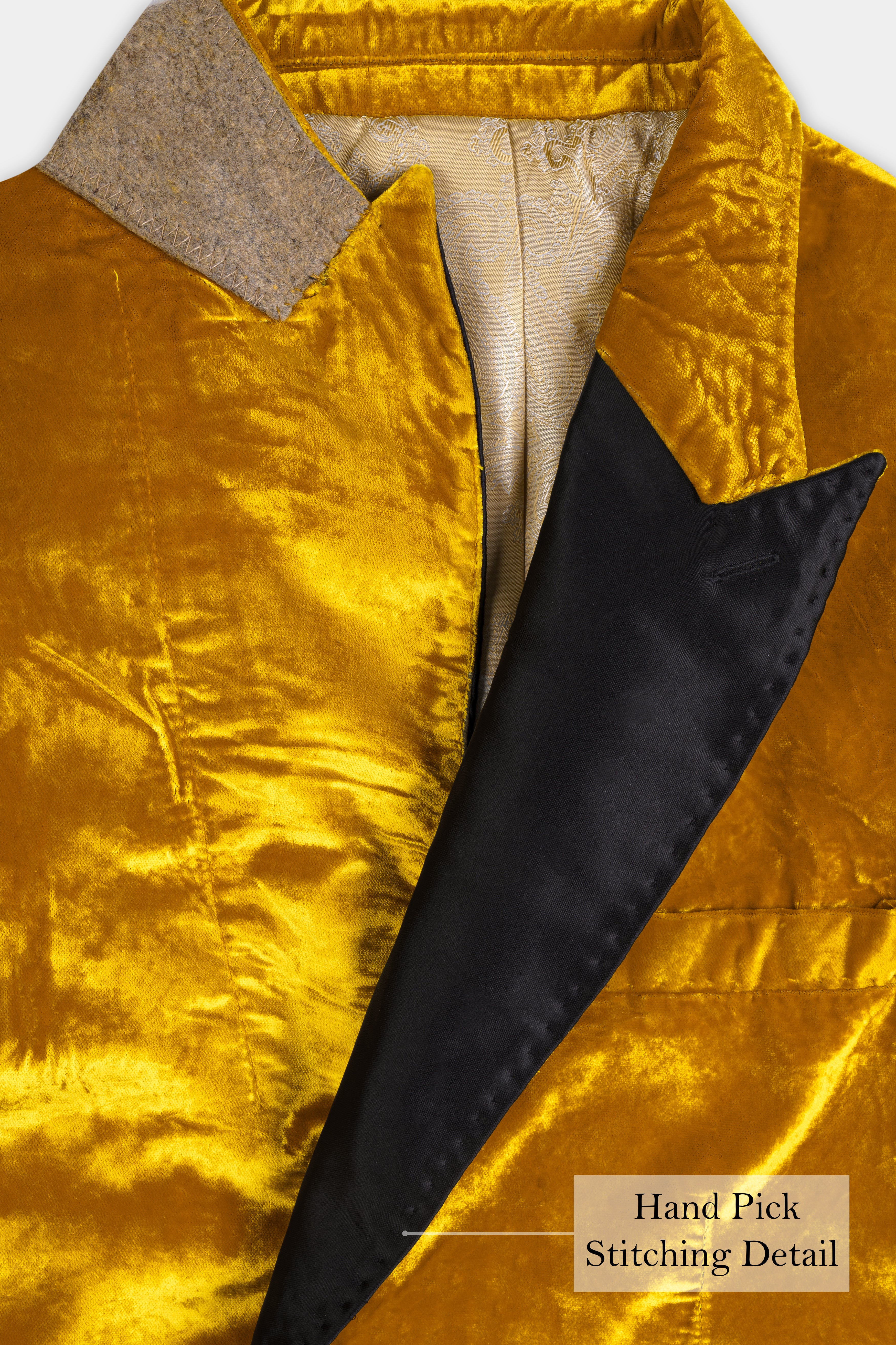 Gamboge Yellow Crushed Velvet Peak Collar Tuxedo Blazer