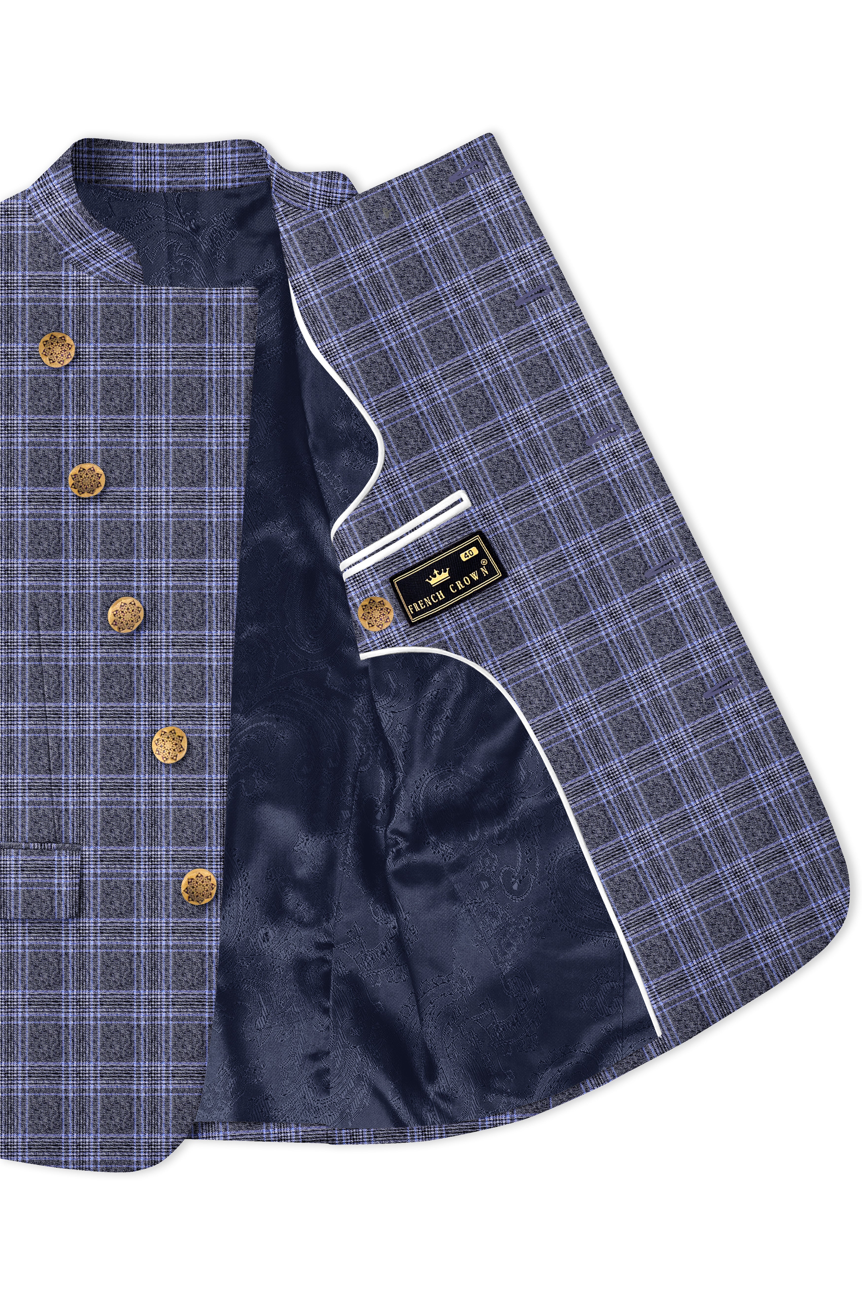 Dolphin And Casper Blue Checkered Cross Placket Bandhgala Wool Rich Blazer