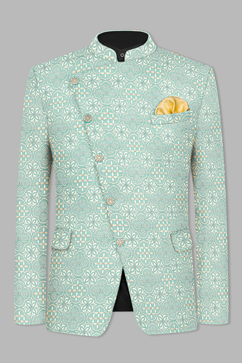 JAGGED BLUE AND DERBY CREAM JACQUARD WEAVE CROSS PLACKET BANDHGALA JODHPURI