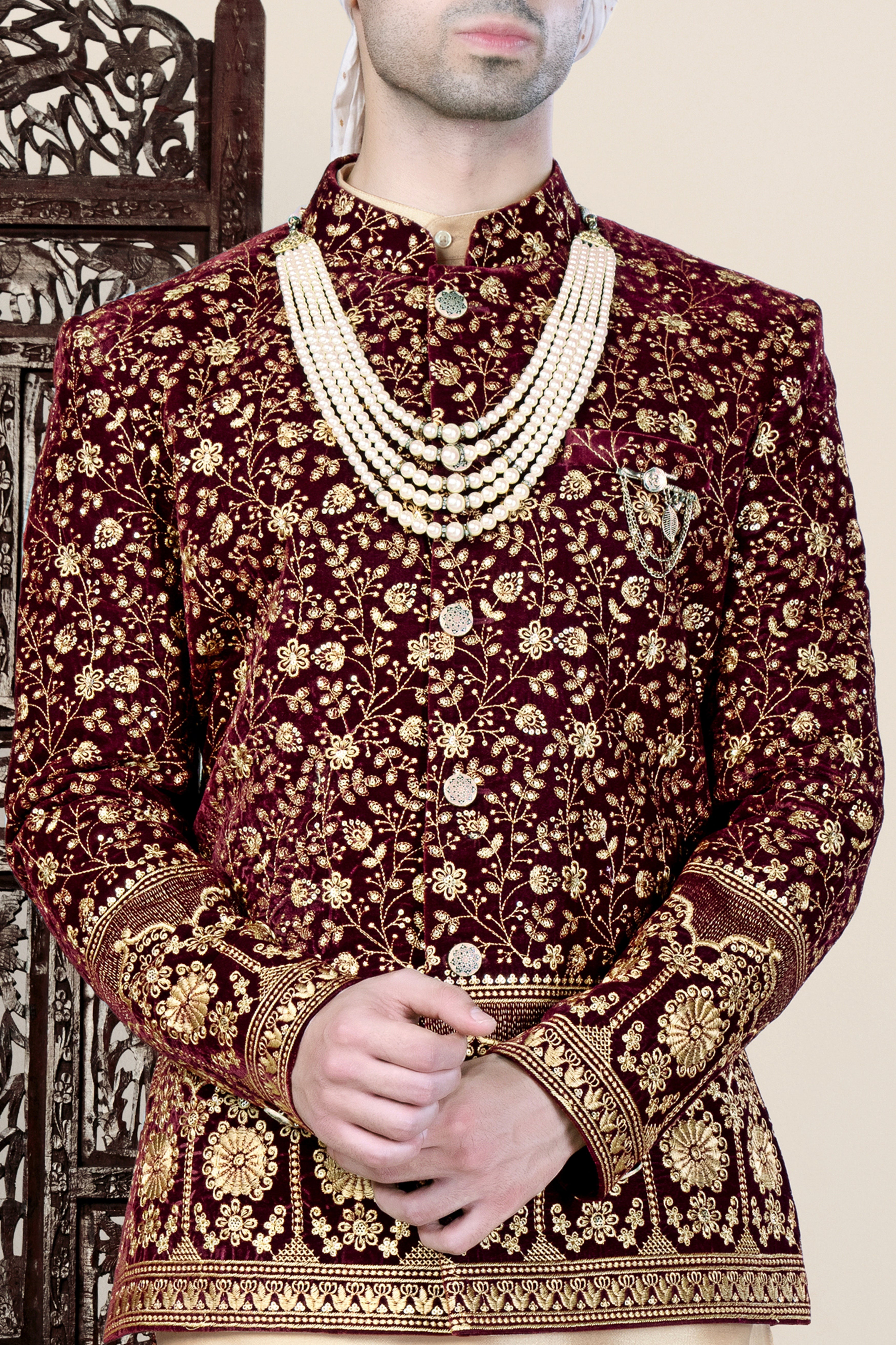 Temptress Maroon Floral Golden Thread Embroidered Bandhgala Jodhpuri BL3498-BG-36, BL3498-BG-38, BL3498-BG-40, BL3498-BG-42, BL3498-BG-44, BL3498-BG-46, BL3498-BG-49, BL3498-BG-50, BL3498-BG-52, BL3498-BG-54, BL3498-BG-56, BL3498-BG-58, BL3498-BG-60