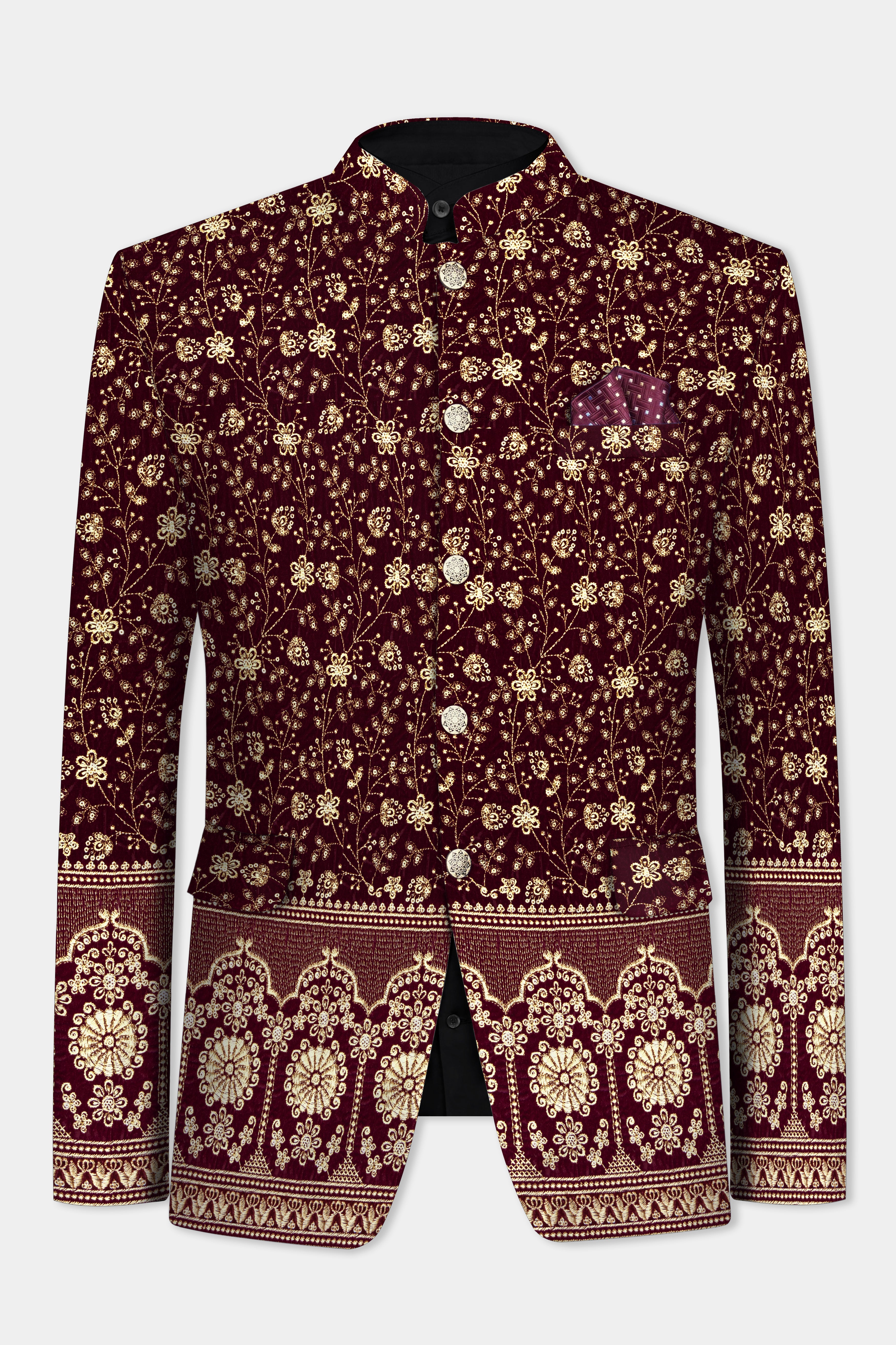 Temptress Maroon Floral Golden Thread Embroidered Bandhgala Jodhpuri BL3498-BG-36, BL3498-BG-38, BL3498-BG-40, BL3498-BG-42, BL3498-BG-44, BL3498-BG-46, BL3498-BG-49, BL3498-BG-50, BL3498-BG-52, BL3498-BG-54, BL3498-BG-56, BL3498-BG-58, BL3498-BG-60