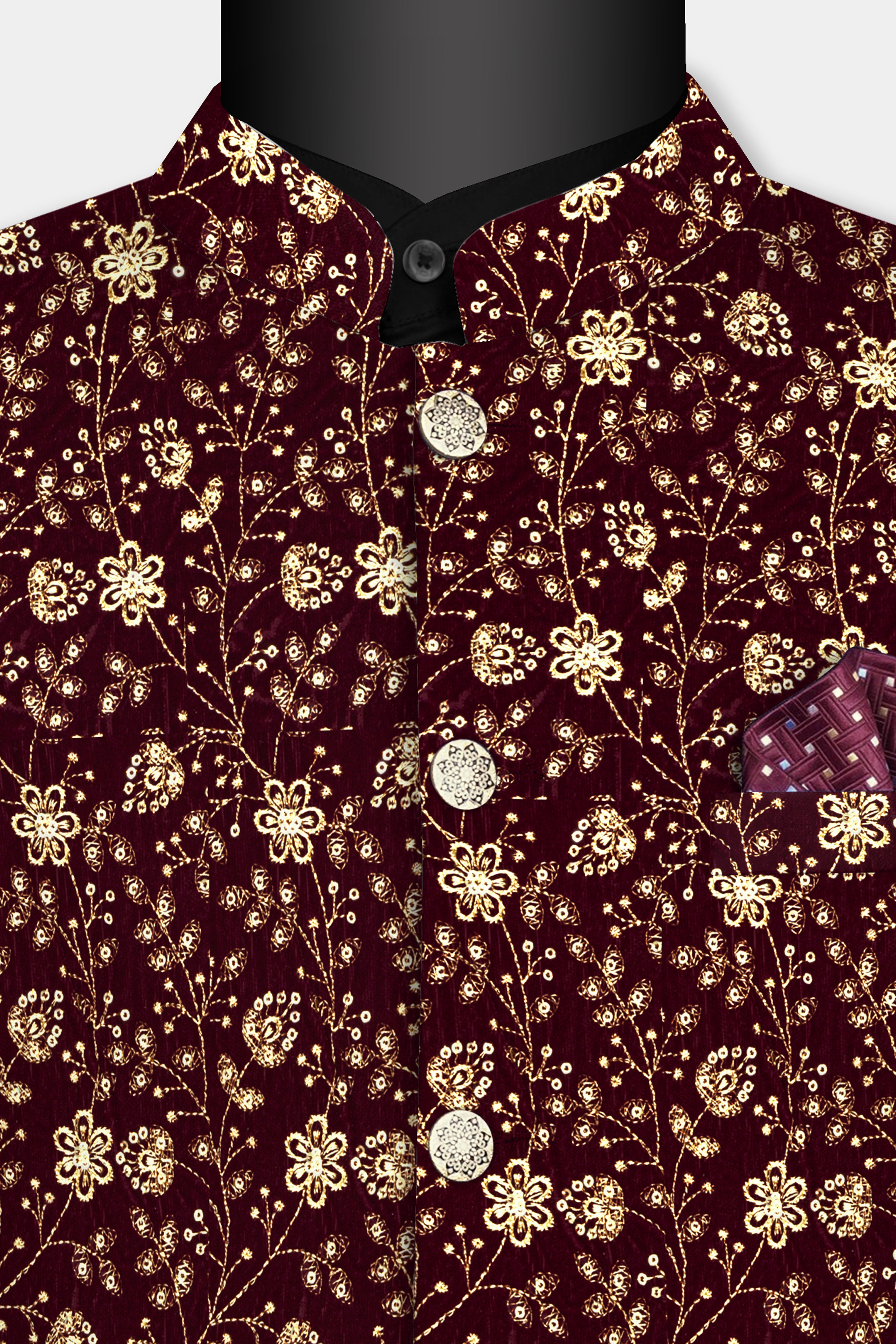 Temptress Maroon Floral Golden Thread Embroidered Bandhgala Jodhpuri BL3498-BG-36, BL3498-BG-38, BL3498-BG-40, BL3498-BG-42, BL3498-BG-44, BL3498-BG-46, BL3498-BG-49, BL3498-BG-50, BL3498-BG-52, BL3498-BG-54, BL3498-BG-56, BL3498-BG-58, BL3498-BG-60