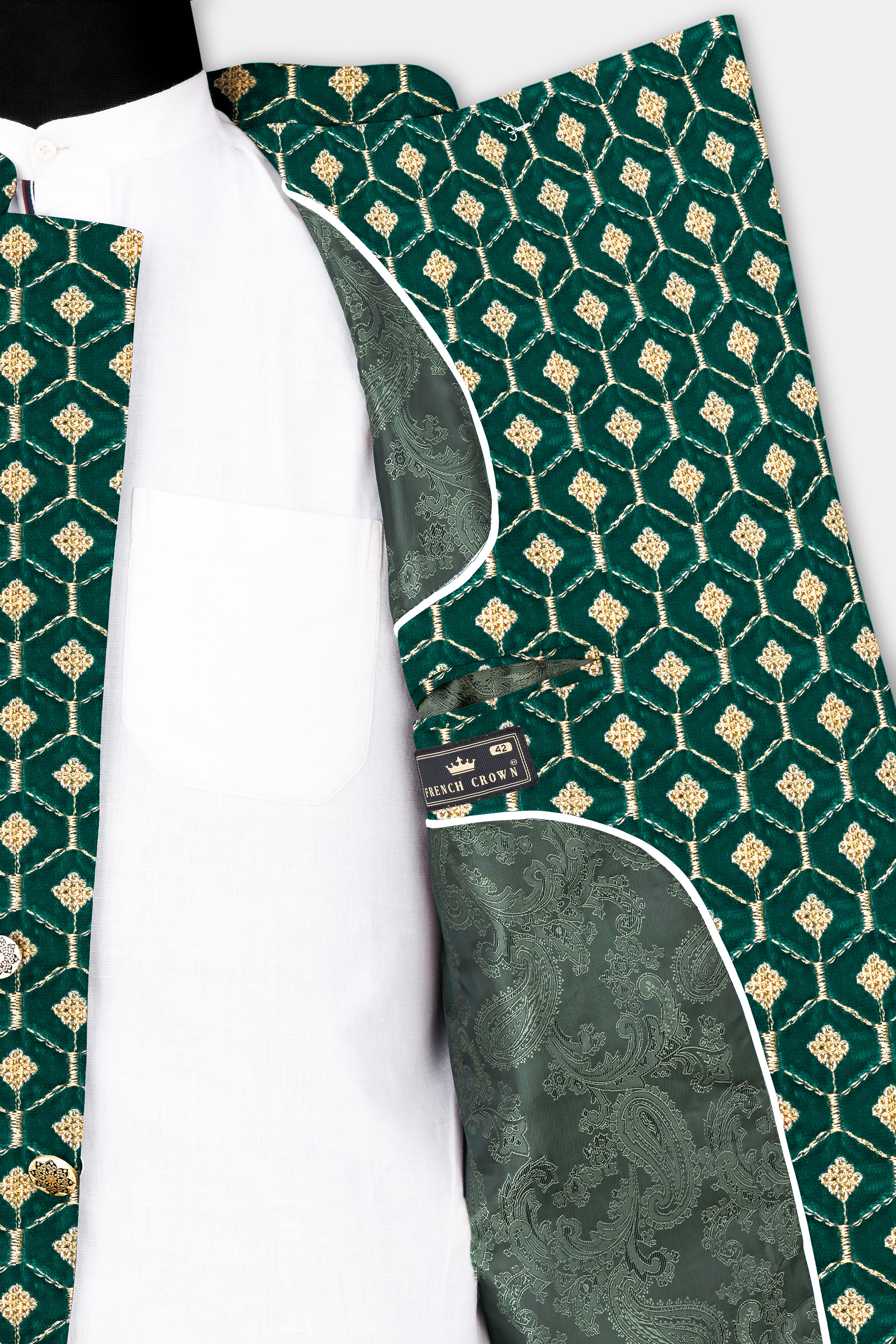 Sherpa Green and Givry Cream Hexagon Thread and Sequin Embroidered Cross Buttoned Bandhgala Jodhpuri BL3519-CBG-36, BL3519-CBG-38, BL3519-CBG-40, BL3519-CBG-42, BL3519-CBG-44, BL3519-CBG-46, BL3519-CBG-51, BL3519-CBG-50, BL3519-CBG-52, BL3519-CBG-54, BL3519-CBG-56, BL3519-CBG-58, BL3519-CBG-60