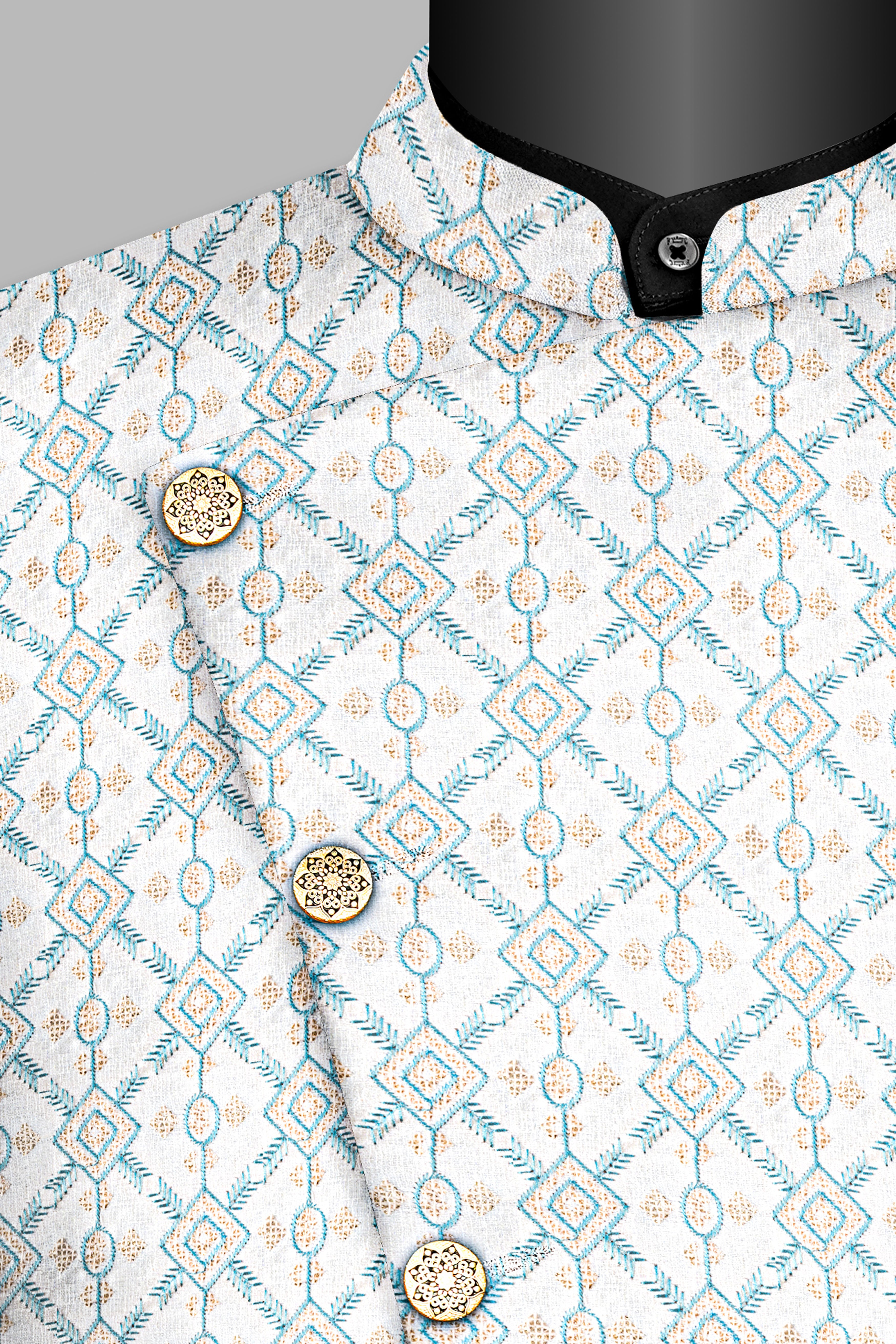 Sand Cream and Glacier Blue Geometric Thread Embroidered Cross Buttoned Bandhgala Jodhpuri BL3535-CBG-36, BL3535-CBG-38, BL3535-CBG-40, BL3535-CBG-42, BL3535-CBG-44, BL3535-CBG-46, BL3535-CBG-48, BL3535-CBG-50, BL3535-CBG-52, BL3535-CBG-54, BL3535-CBG-56, BL3535-CBG-58, BL3535-CBG-60