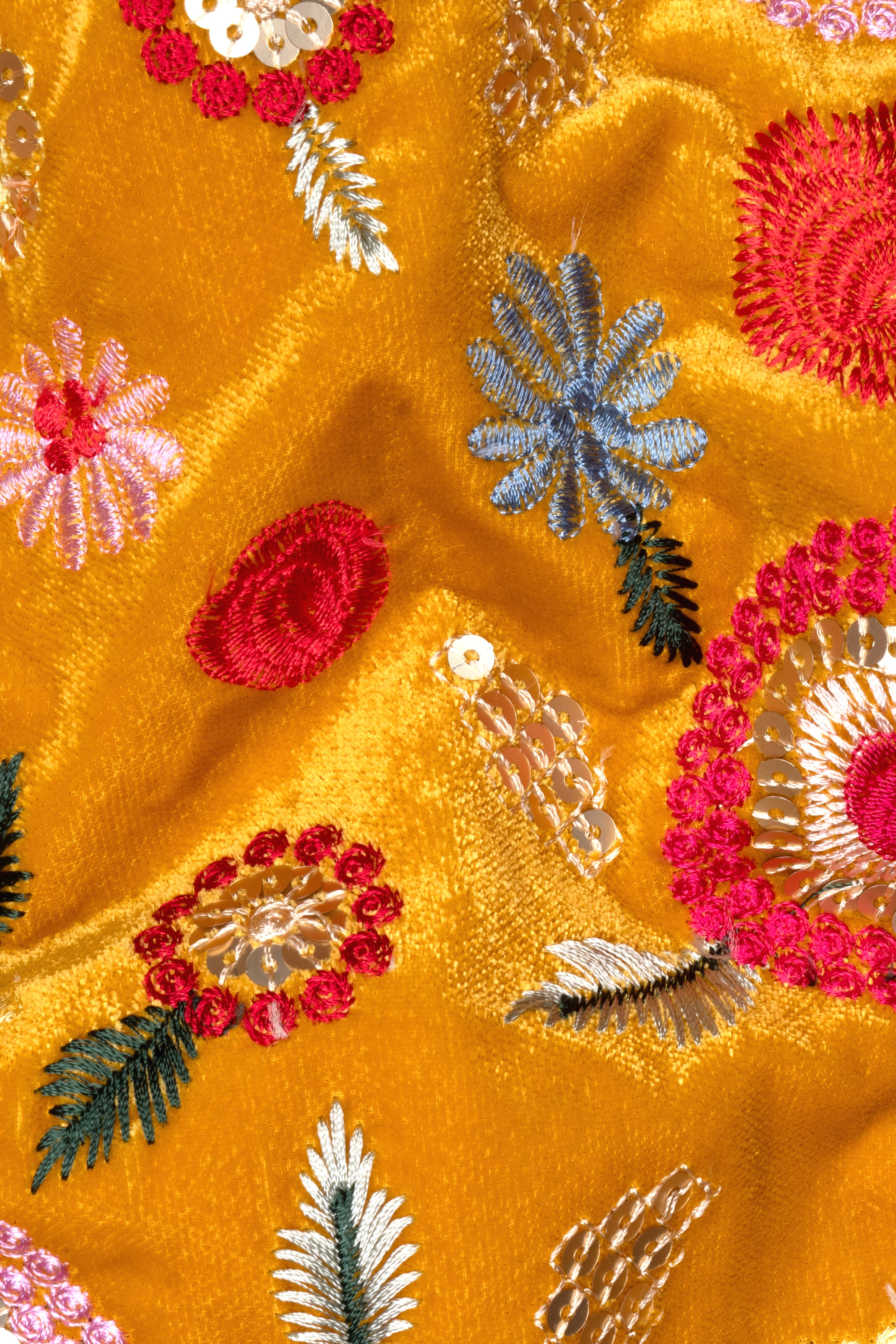 Tangerine Yellow And Alizarin Red Velvet Floral Thread Embroidered Bandhgala Jodhpuri
