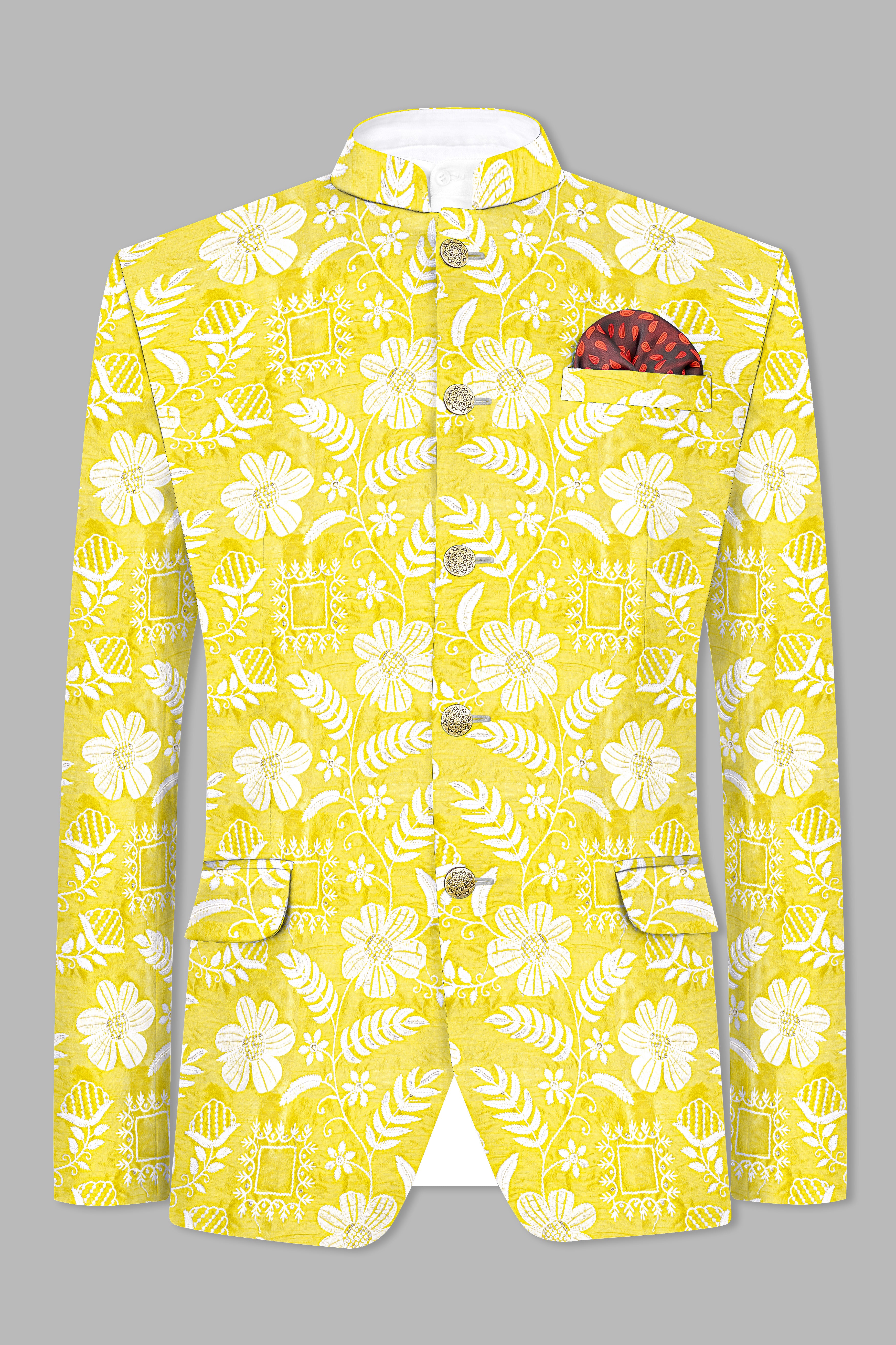 Dandelion Yellow And Bright White Floral Sequin And Thread Embroidered Bandhgala Jodhpuri