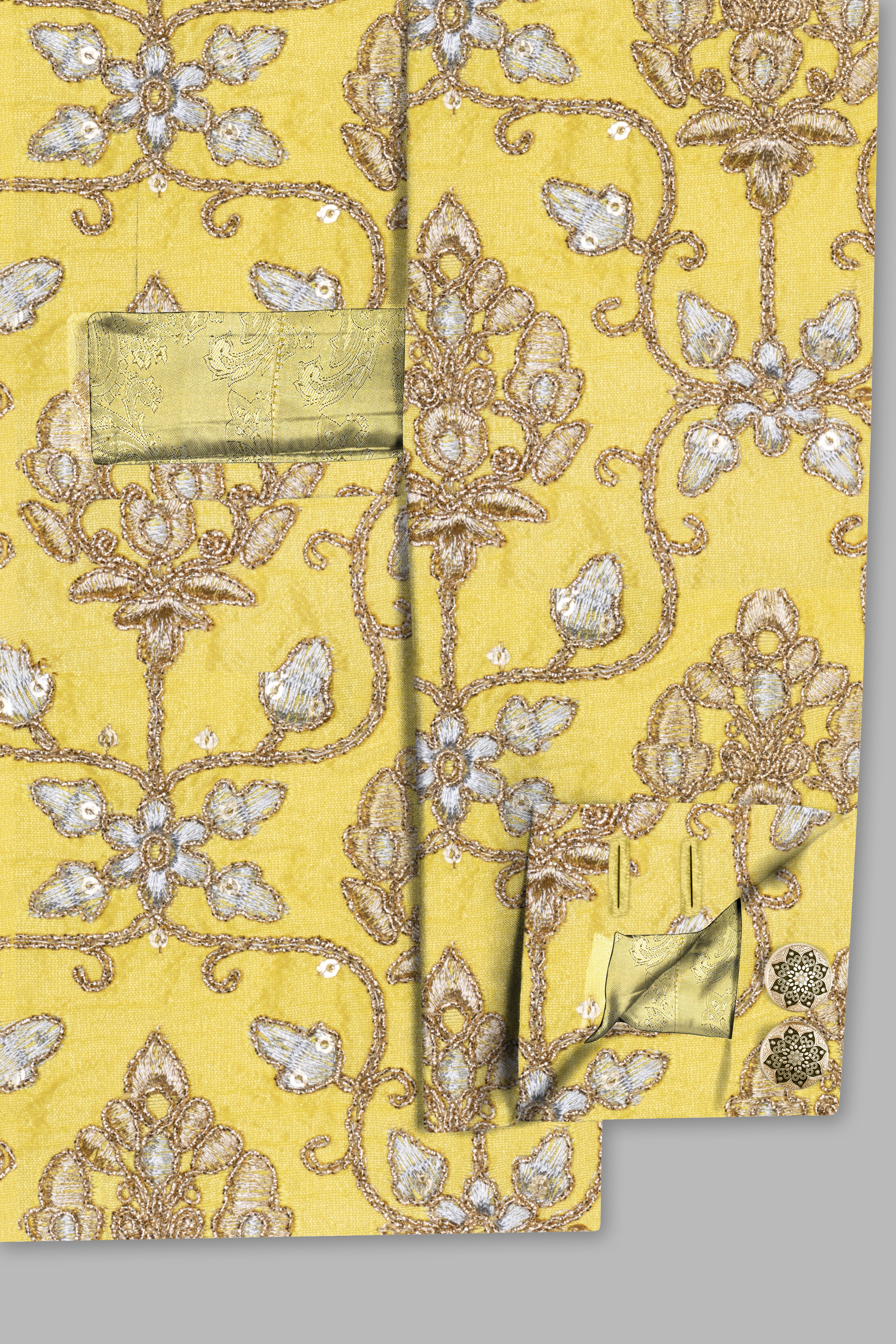 Marigold Yellow And Quicksand Brown Thread Embroidered Cross Placket Bandhgala Jodhpuri