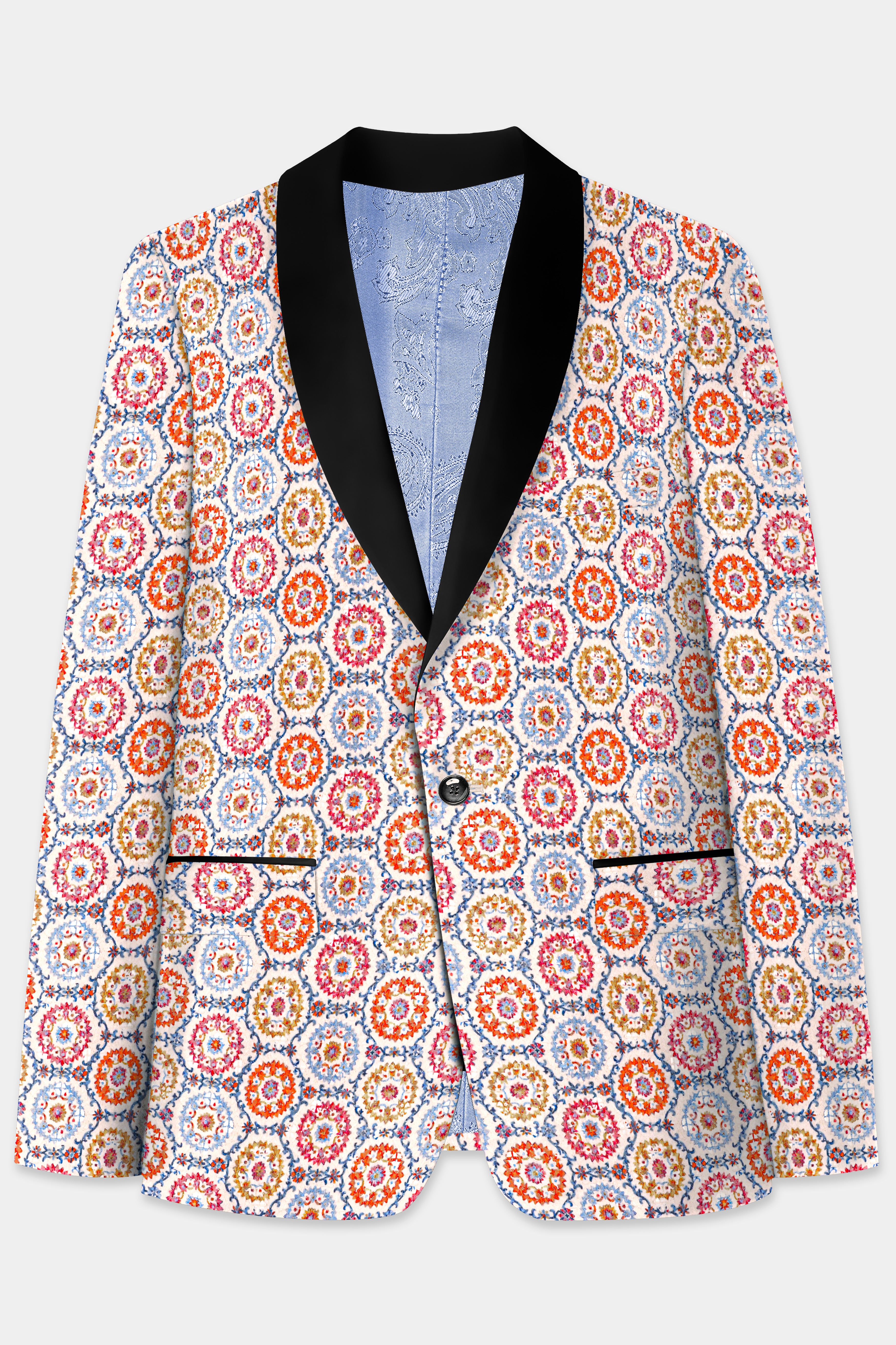 Bright White And Cyan Blue Multicolour Thread Embroidered Tuxedo Blazer