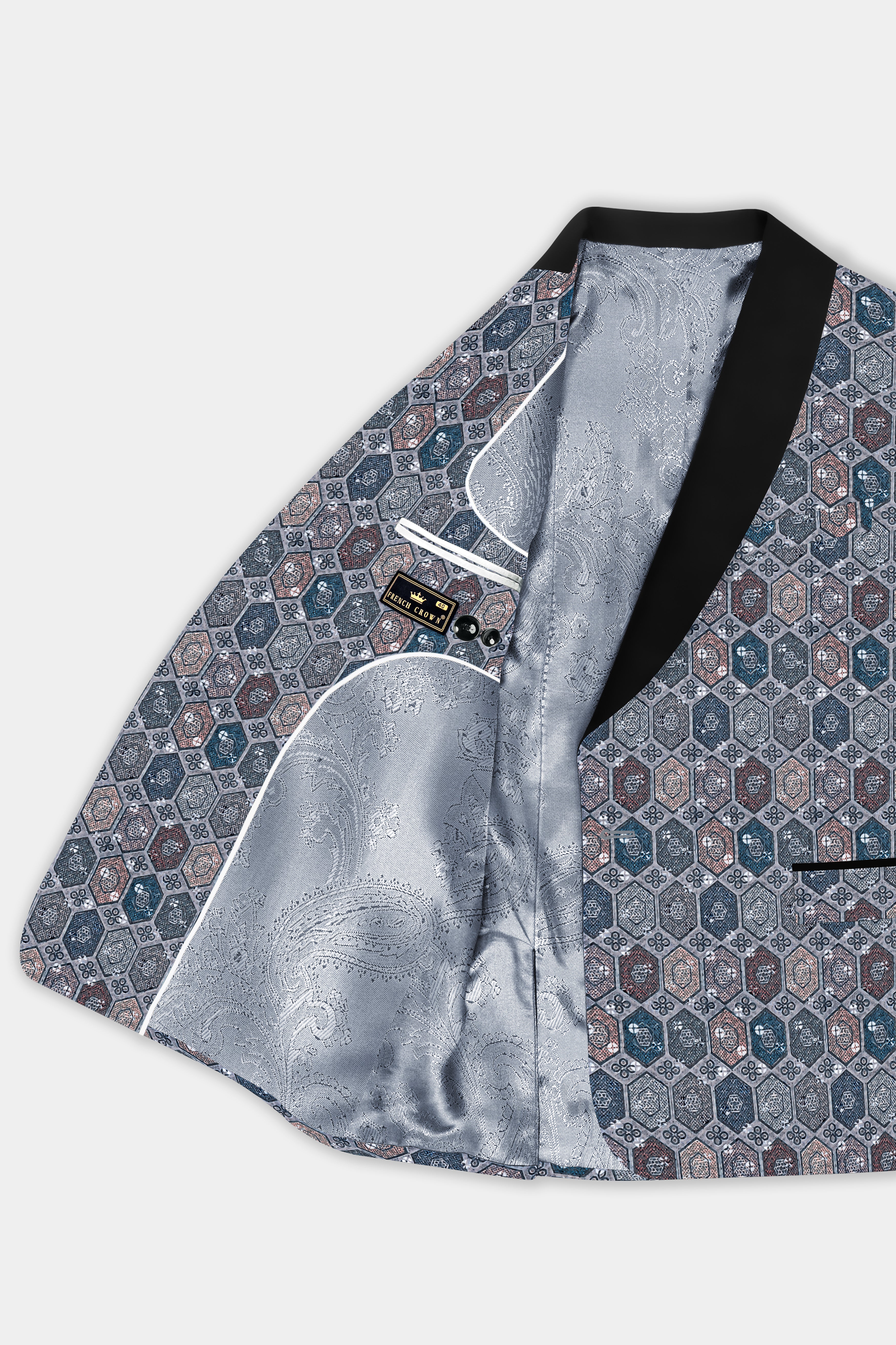 Tuna Blue And Gunsmoke Gray Multicolour Embroidered Tuxedo Blazer