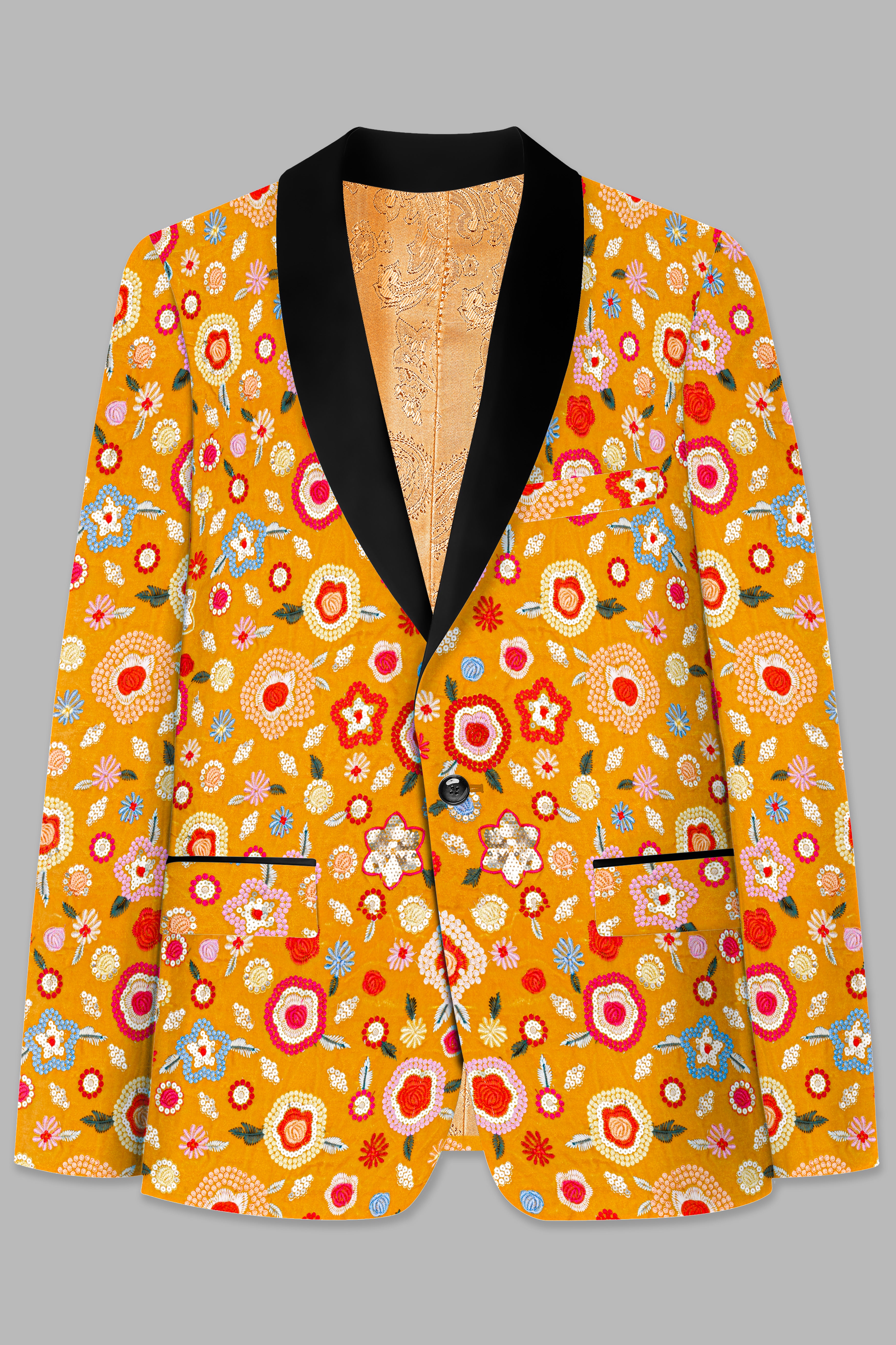 Tangerine Yellow And Alizarin Red Velvet Floral Thread Embroidered Tuxedo Blazer