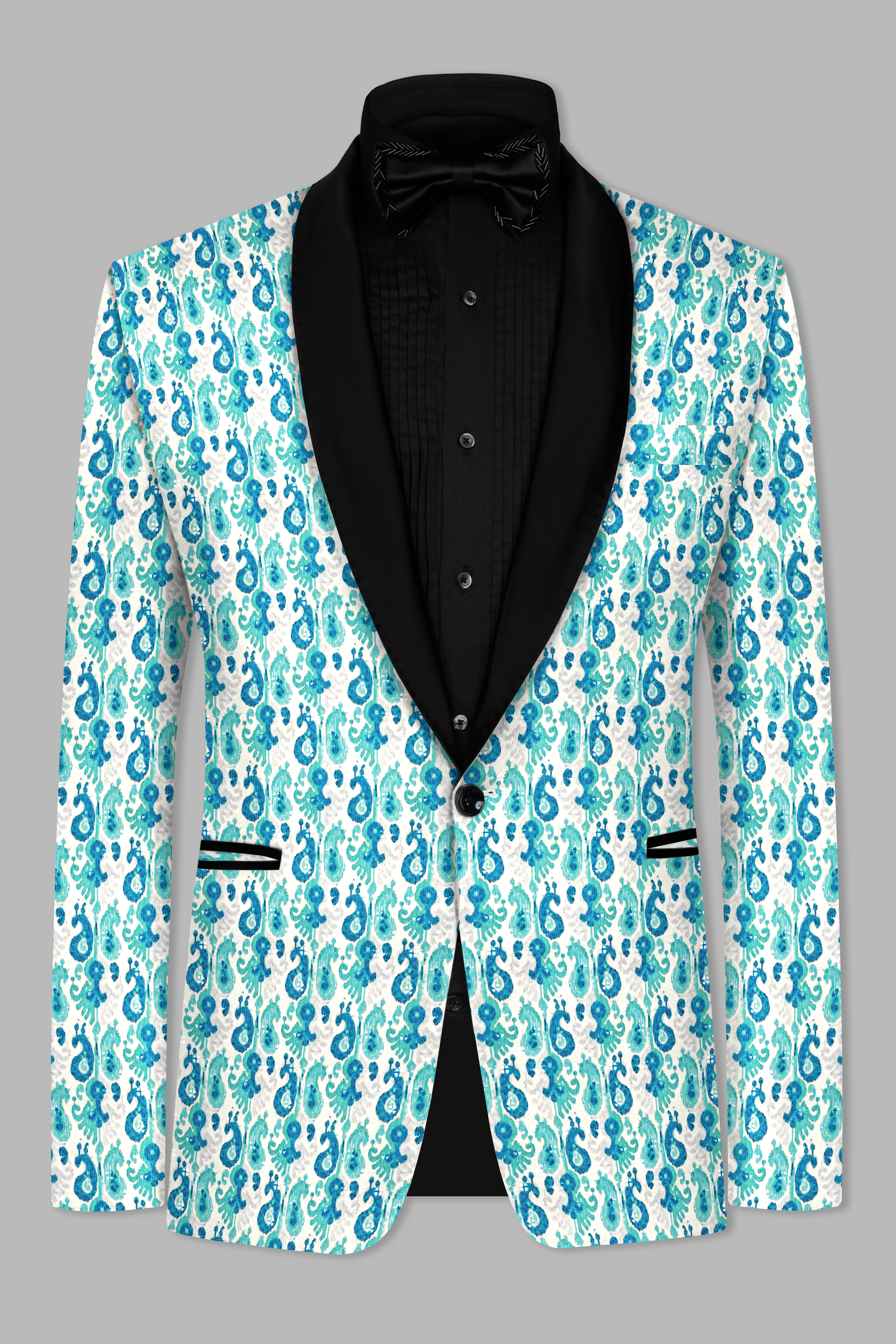 Bright White And Curious Blue Designer Thread Embroidered Tuxedo Blazer