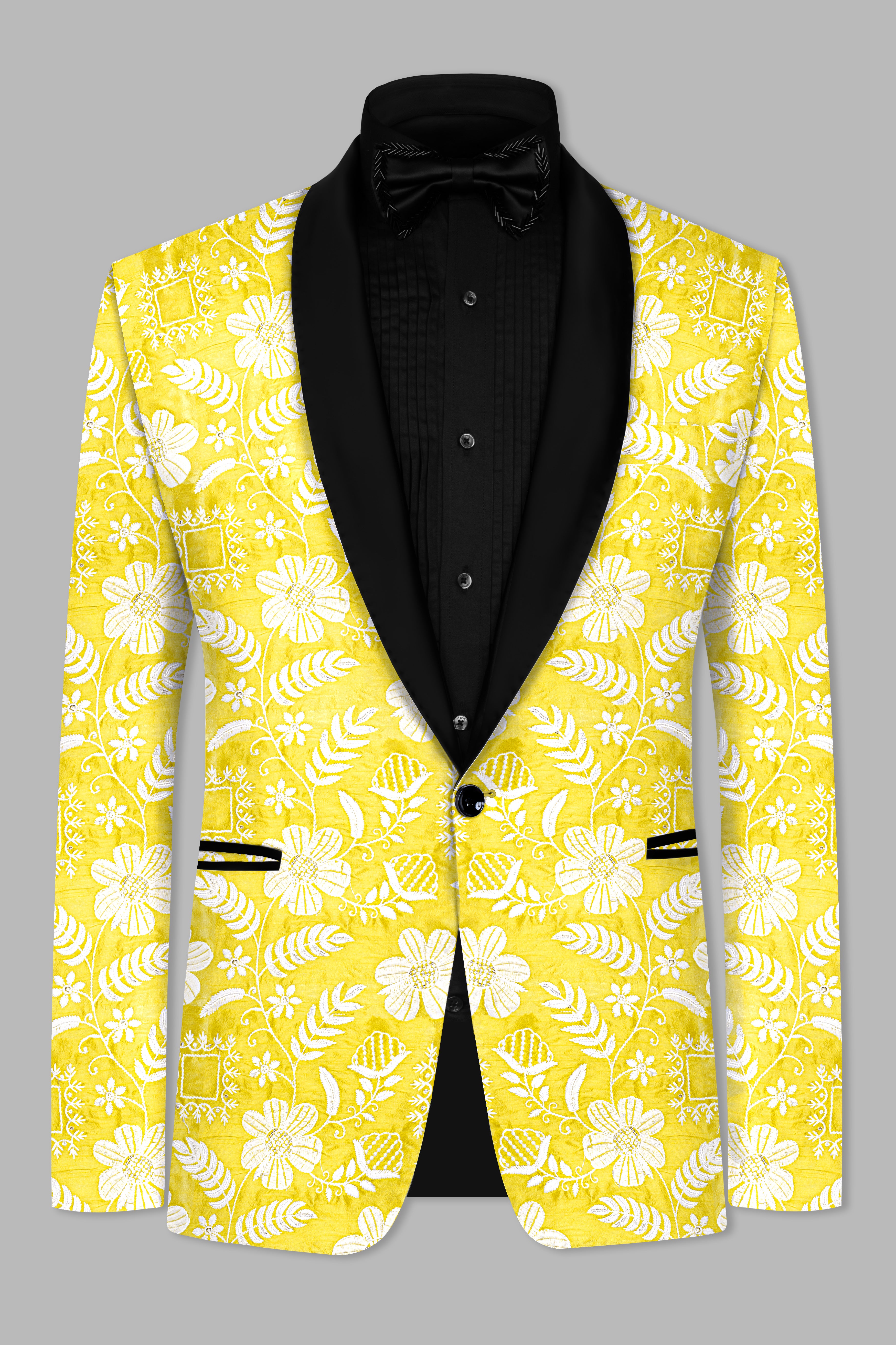Dandelion Yellow And Bright White Floral Sequin And Thread Embroidered Tuxedo Blazer