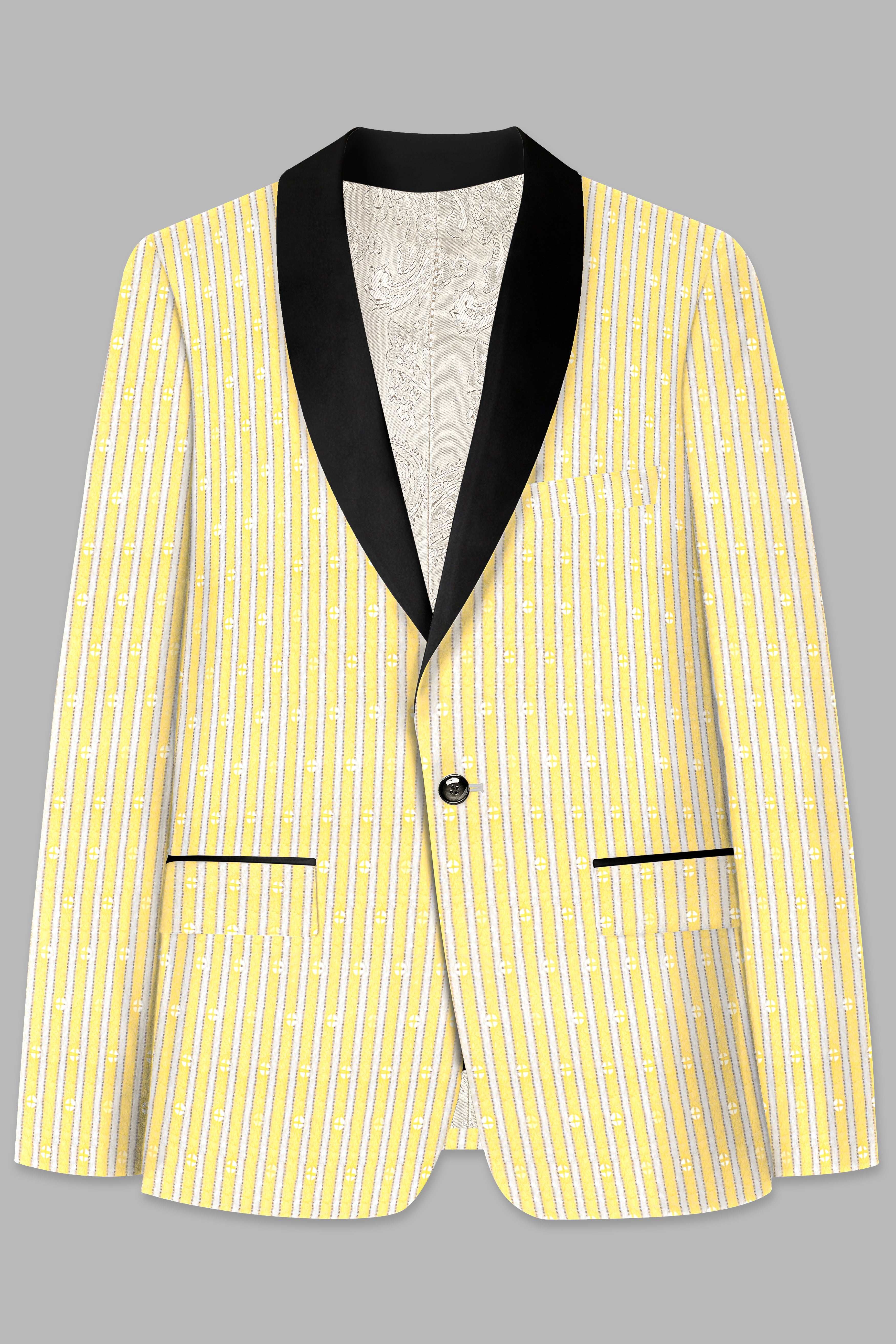 Drover Yellow And Bright White Striped Designer Thread Embroidered Tuxedo Blazer
