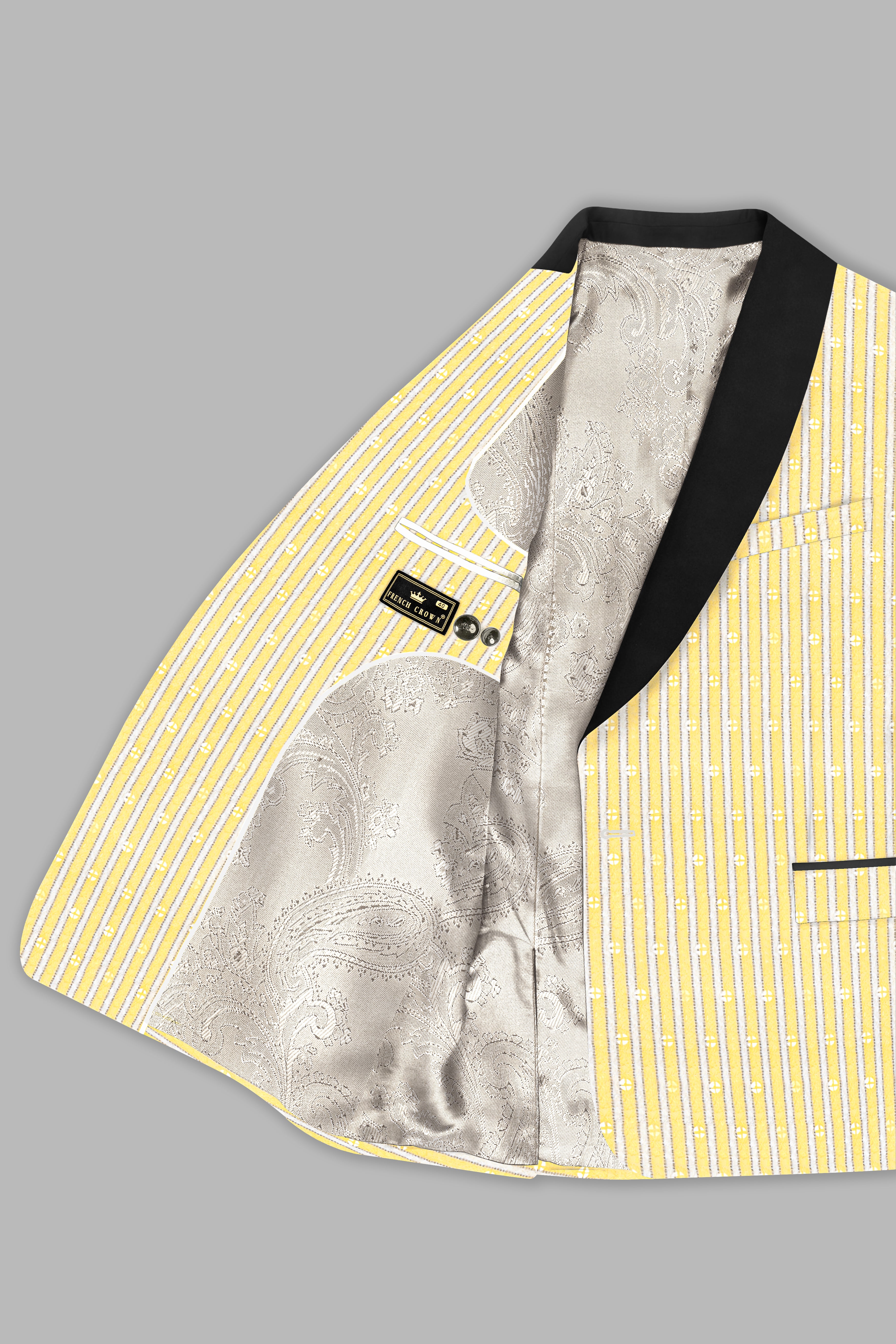 Drover Yellow And Bright White Striped Designer Thread Embroidered Tuxedo Blazer