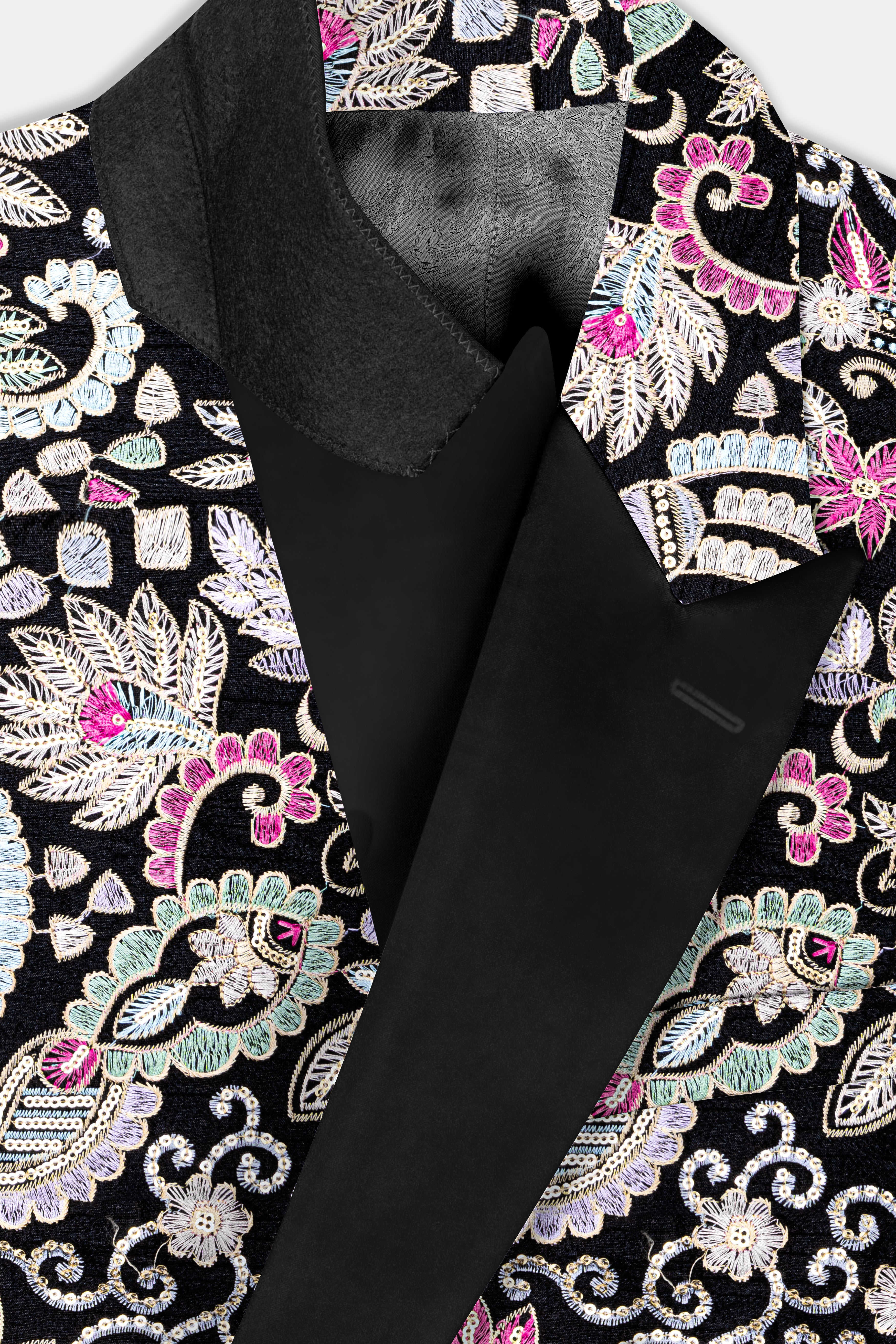 Jade Black And Amethyst Purple MultiColour Designer Heavy Embroidered Peak Collar Tuxedo Blazer