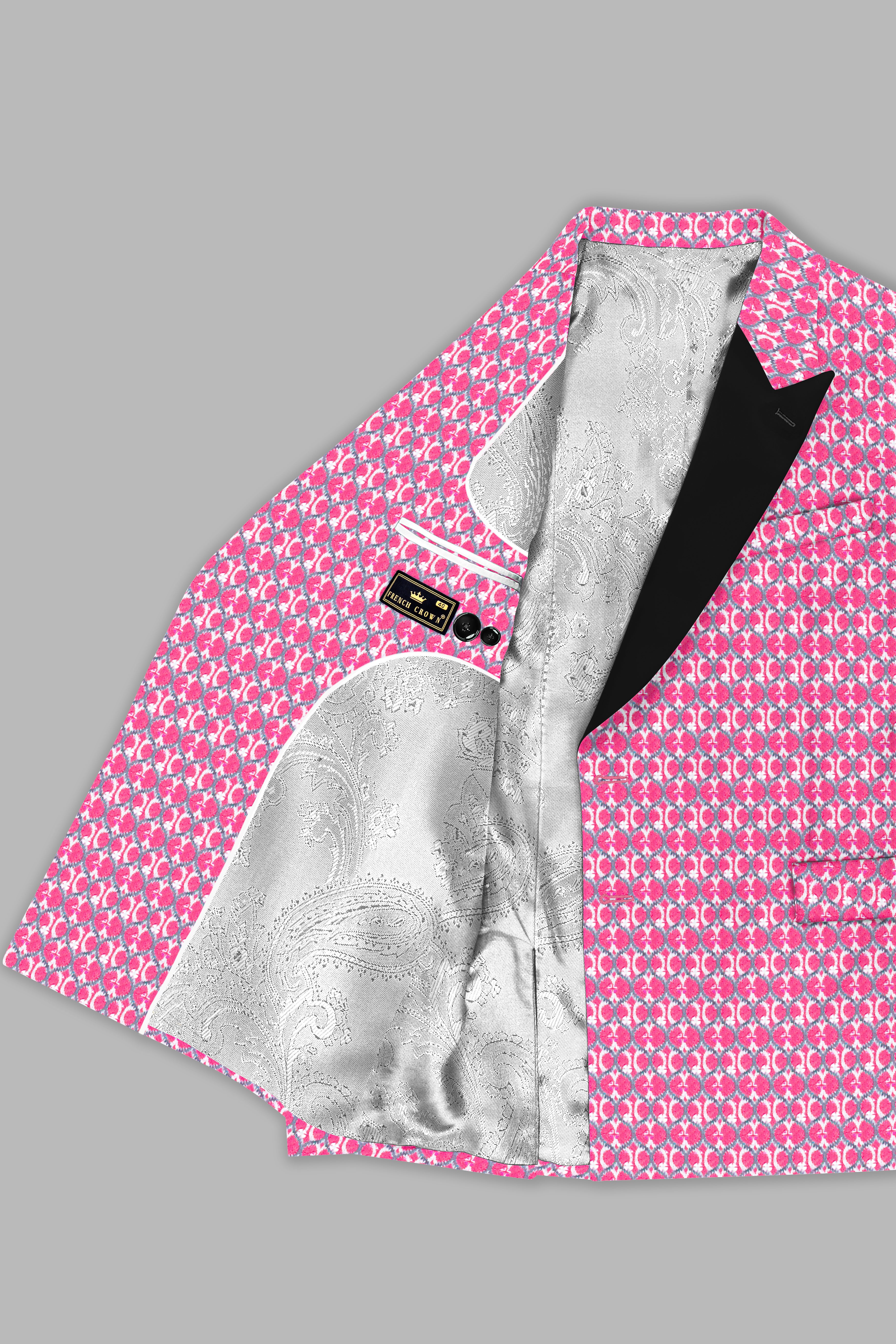 French Rose Pink and Bright White Designer Embroidered Peak Collar Tuxedo Blazer