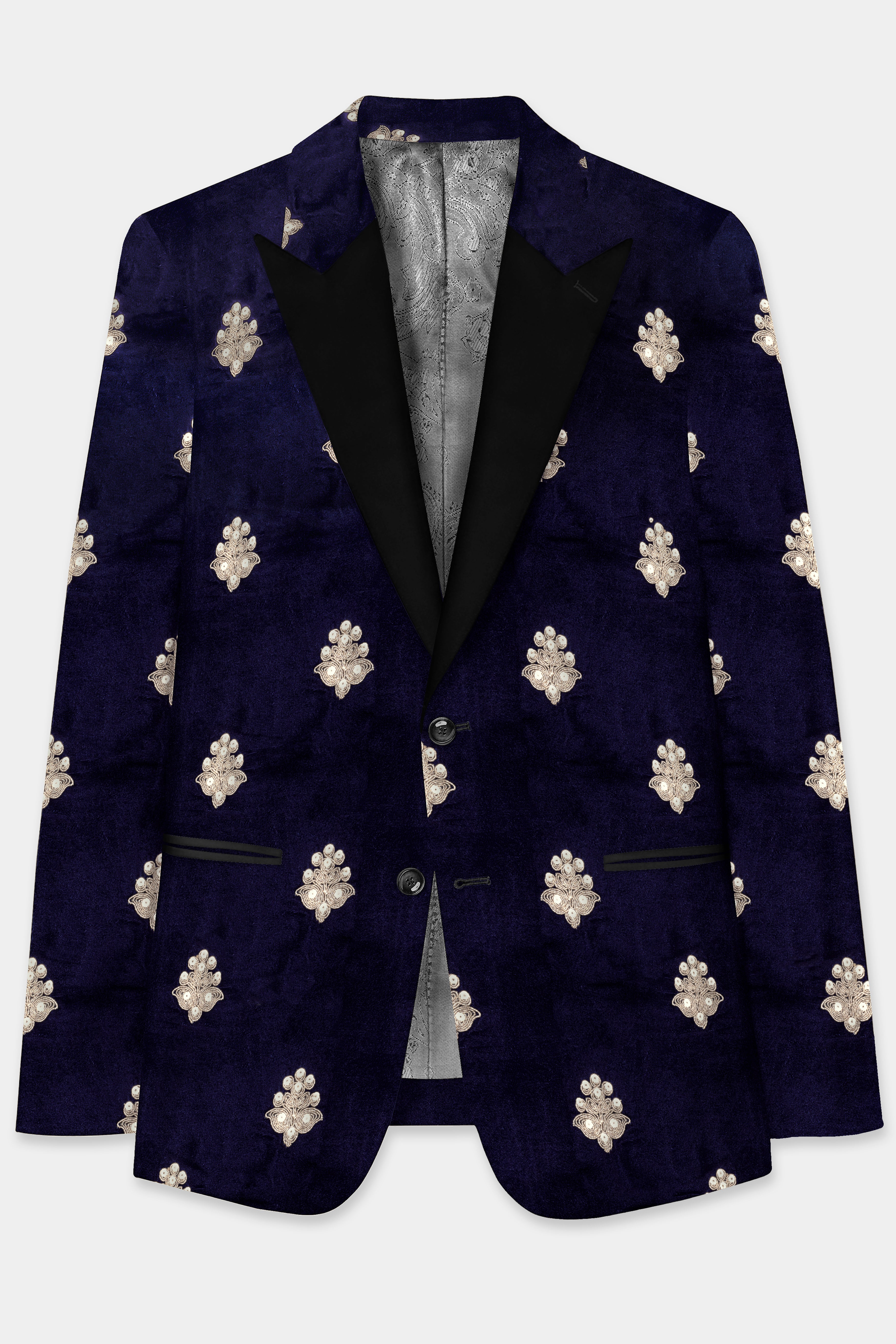 Cinder Blue Designer Velvet Sequin And Thread Embroidered Peak Collar Tuxedo Blazer