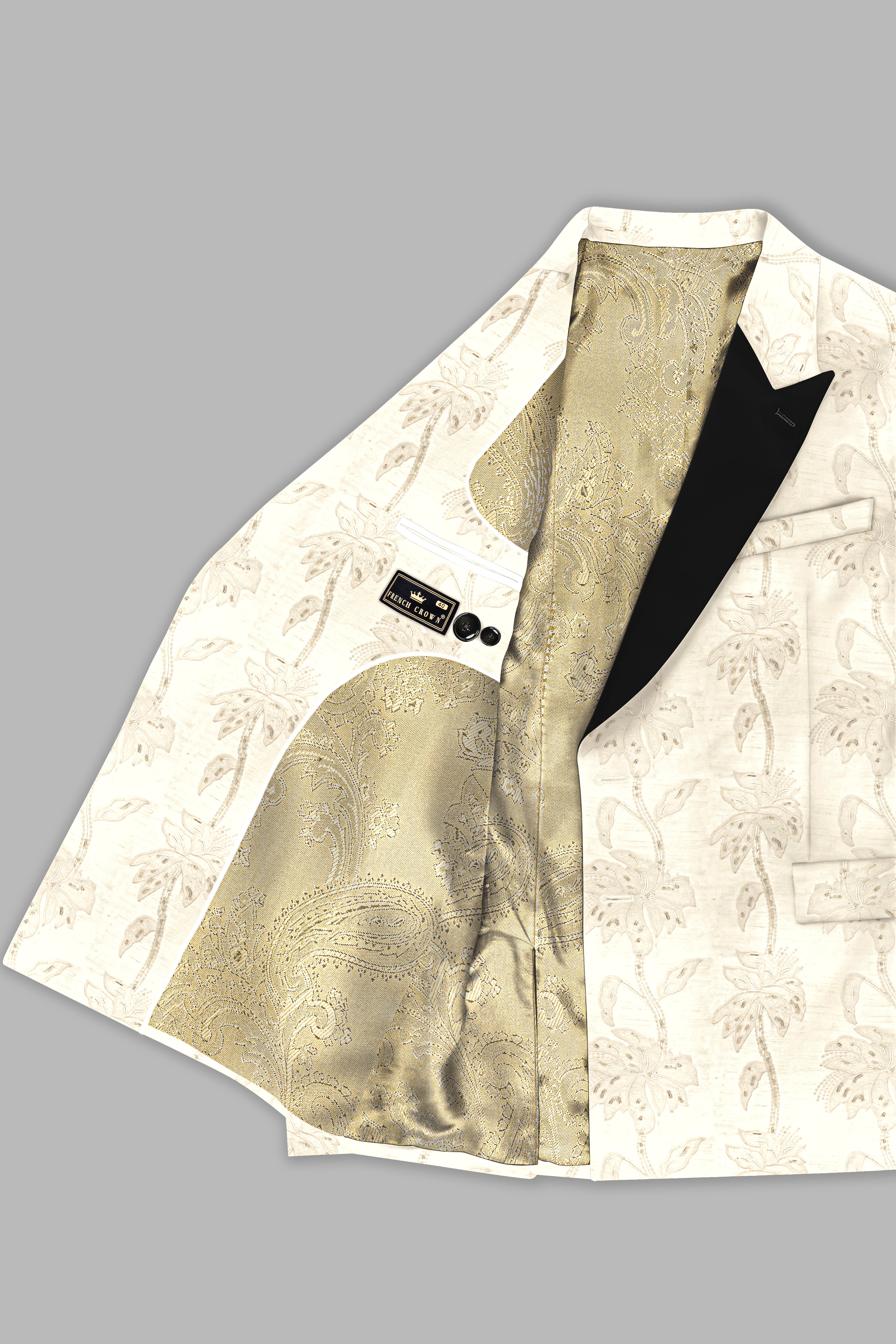 Bright White Designer Sequin And Thread Embroidered Peak Collar Tuxedo Blazer